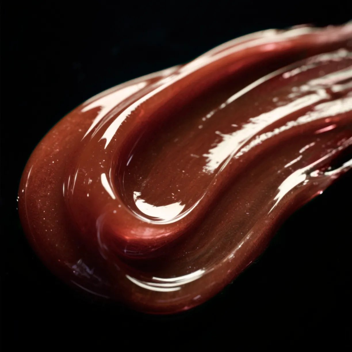 Primo piano di uno swatch di Cellophane Semi-Permanent Colour Gloss color rosso cannella