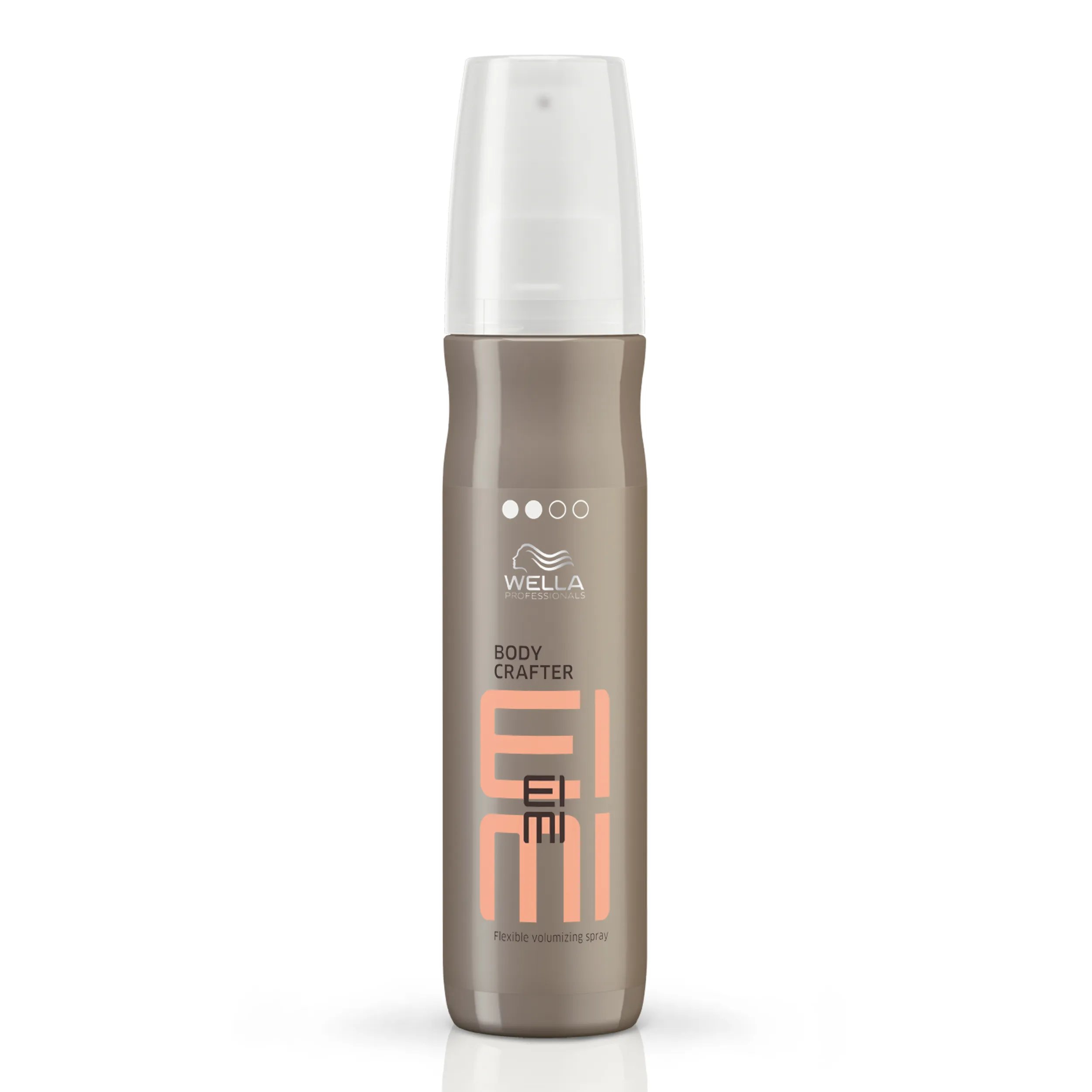 Wella EIMI Body Crafter packshot - a silver bottle with a white lid and pink EIMI logo.
