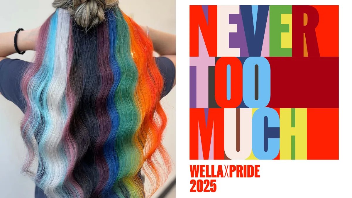 Back of model’s head, the Progress Pride flag has been painted through their long, straight hair.