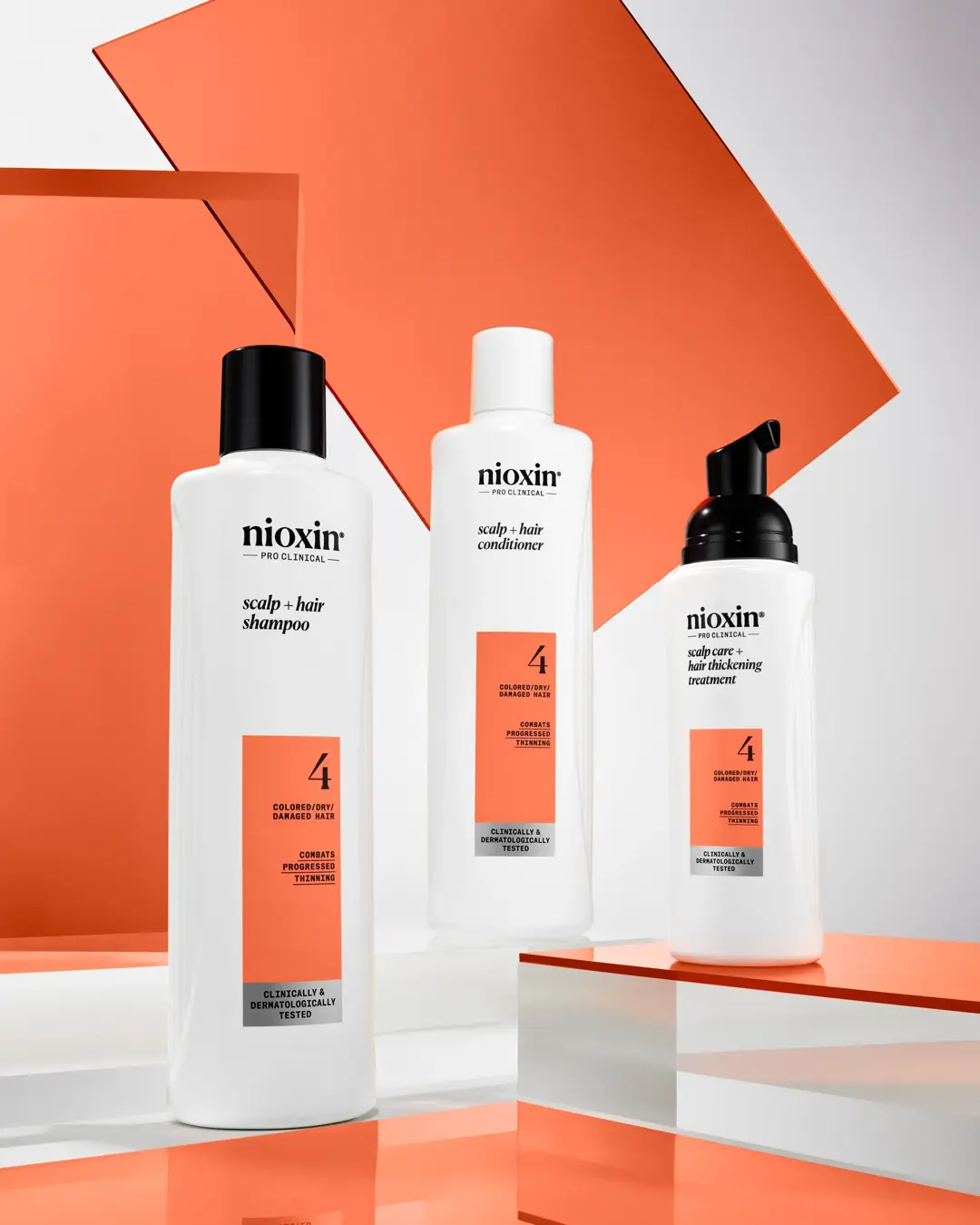 Nioxin System 4 Kit products in triangular form with white and orange background