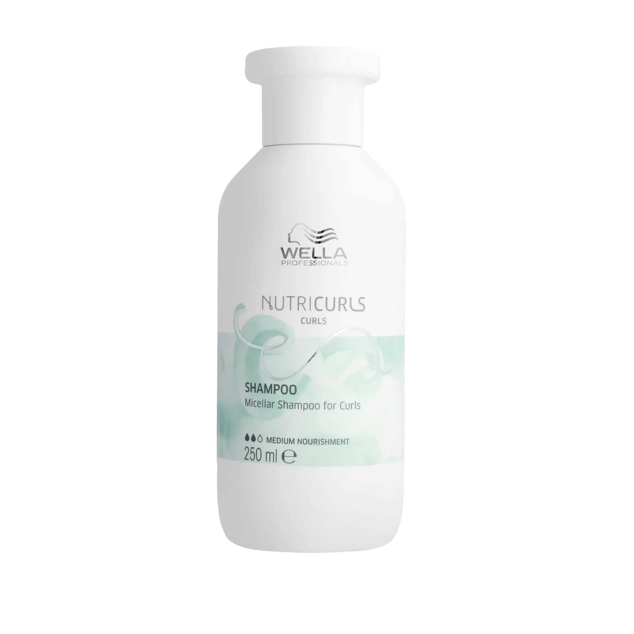 A white bottle of Wella Professionals NutriCurls shampoo.