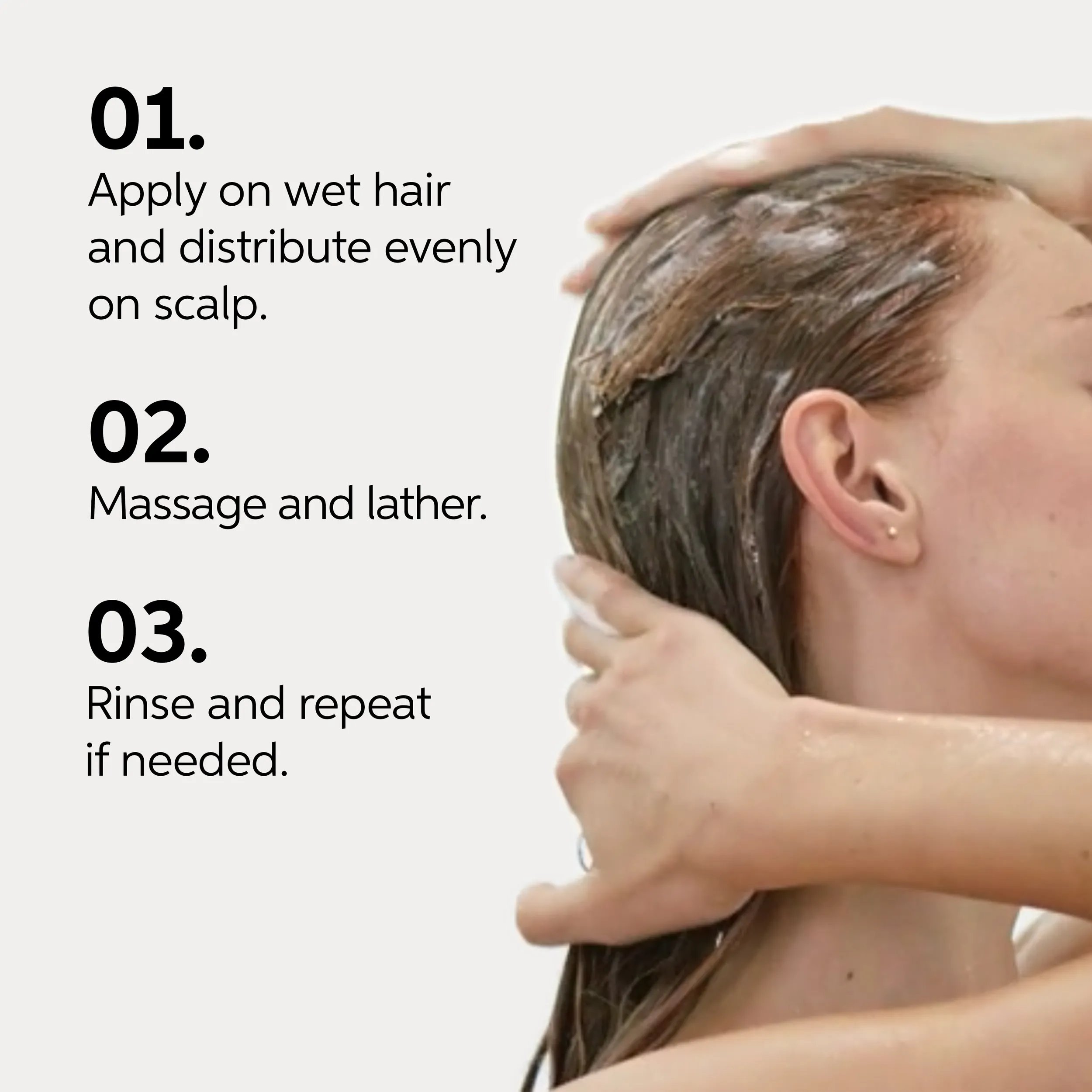 Text detailing how to use Invigo Sun Shampoo in 3 steps: text says '01, apply to wet hair and distribute evenly on the scalp. 02, massage and lather. 03, rinse and repeat if needed', next to a photograph of a model lathering the product through wet brunette hair.