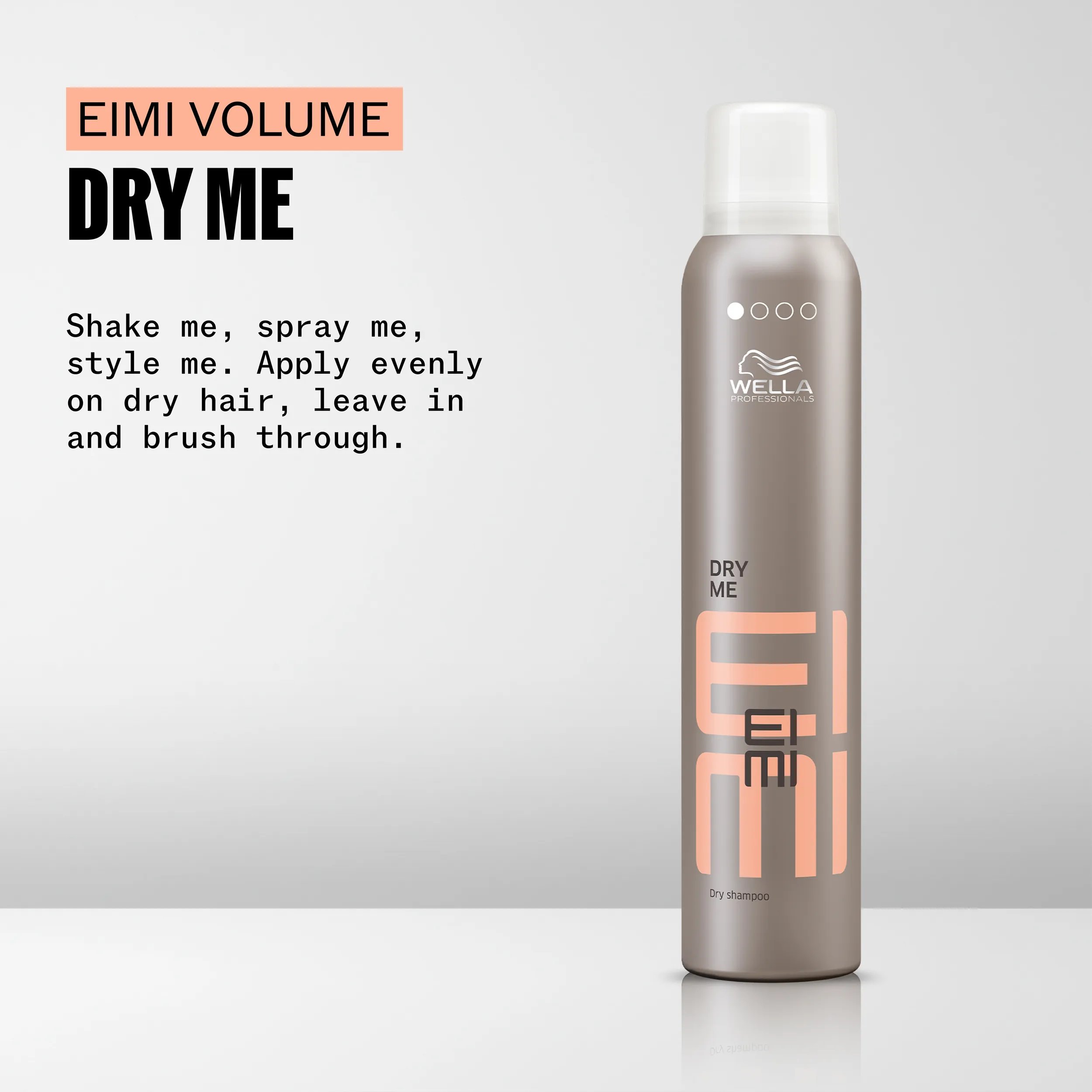Image of Wella EIMI Dry Me dry shampoo can with product information and instructions.
