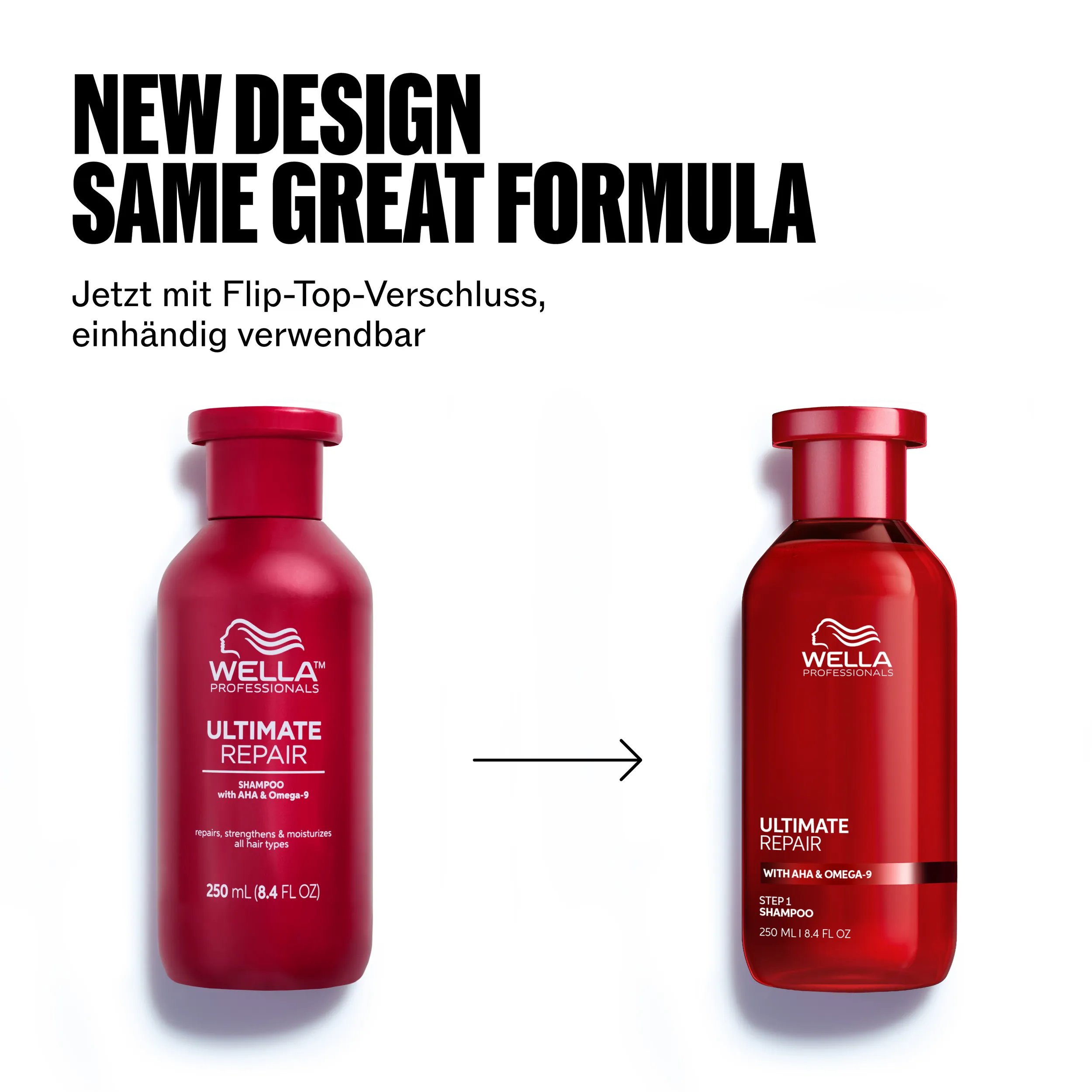 Pack image of Wella Ultimate Repair Shampoo. Shows old packaging and new packaging. Text reads new design same great formula, now with flip top cup allowing product use with just one hand.