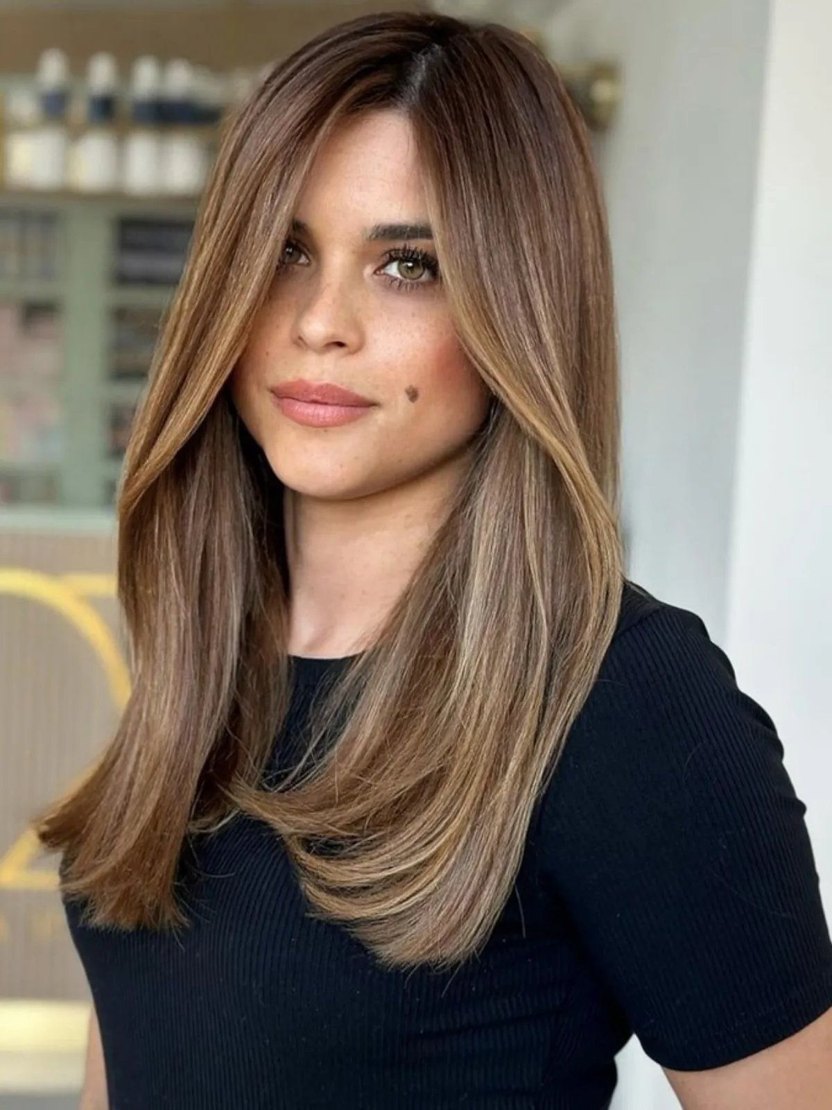 Model with long, straight, light brown hair featuring expensive-looking highlights.