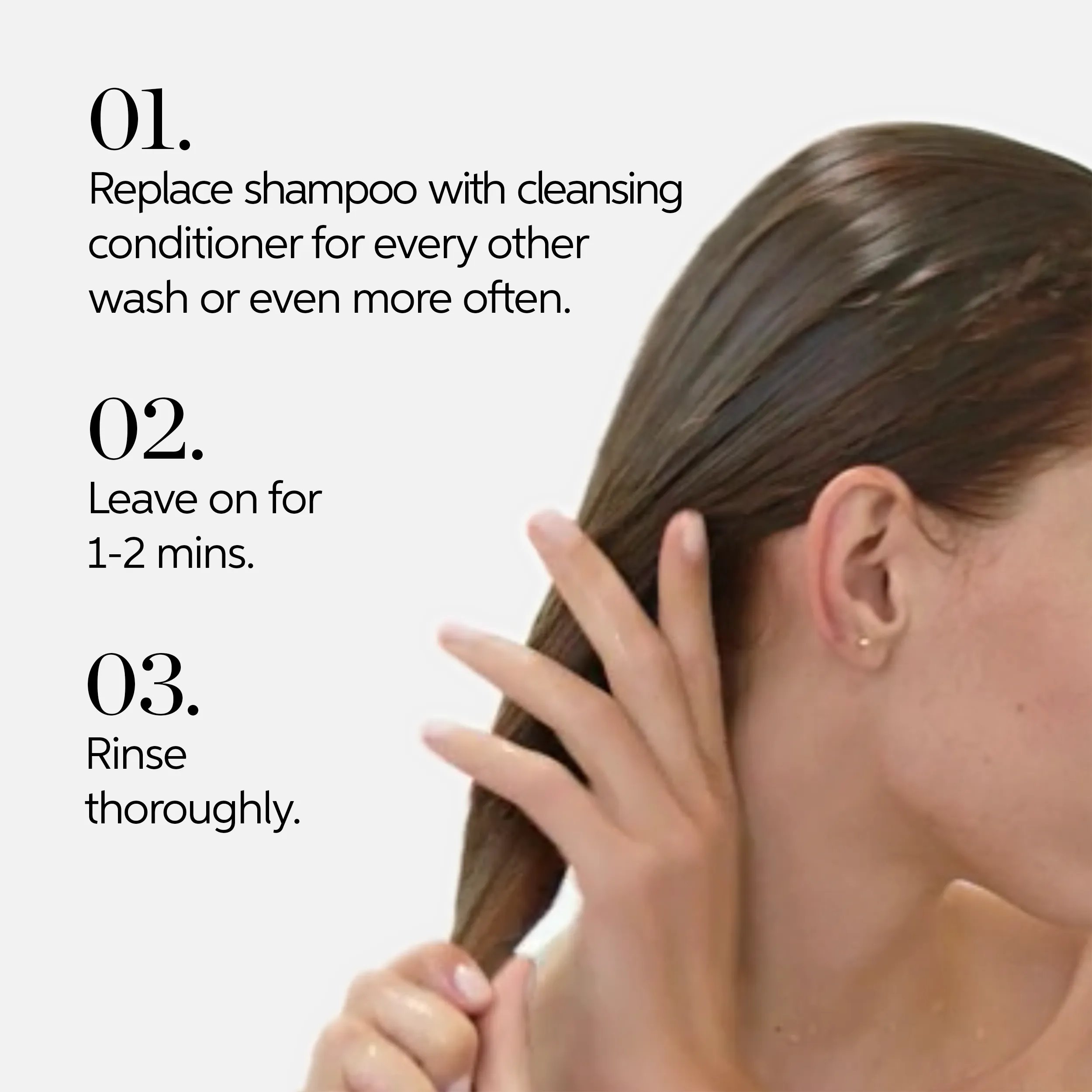 Image displaying a woman washing her hair with numbered instructions: apply to wet hair, massage and lather, rinse and repeat.