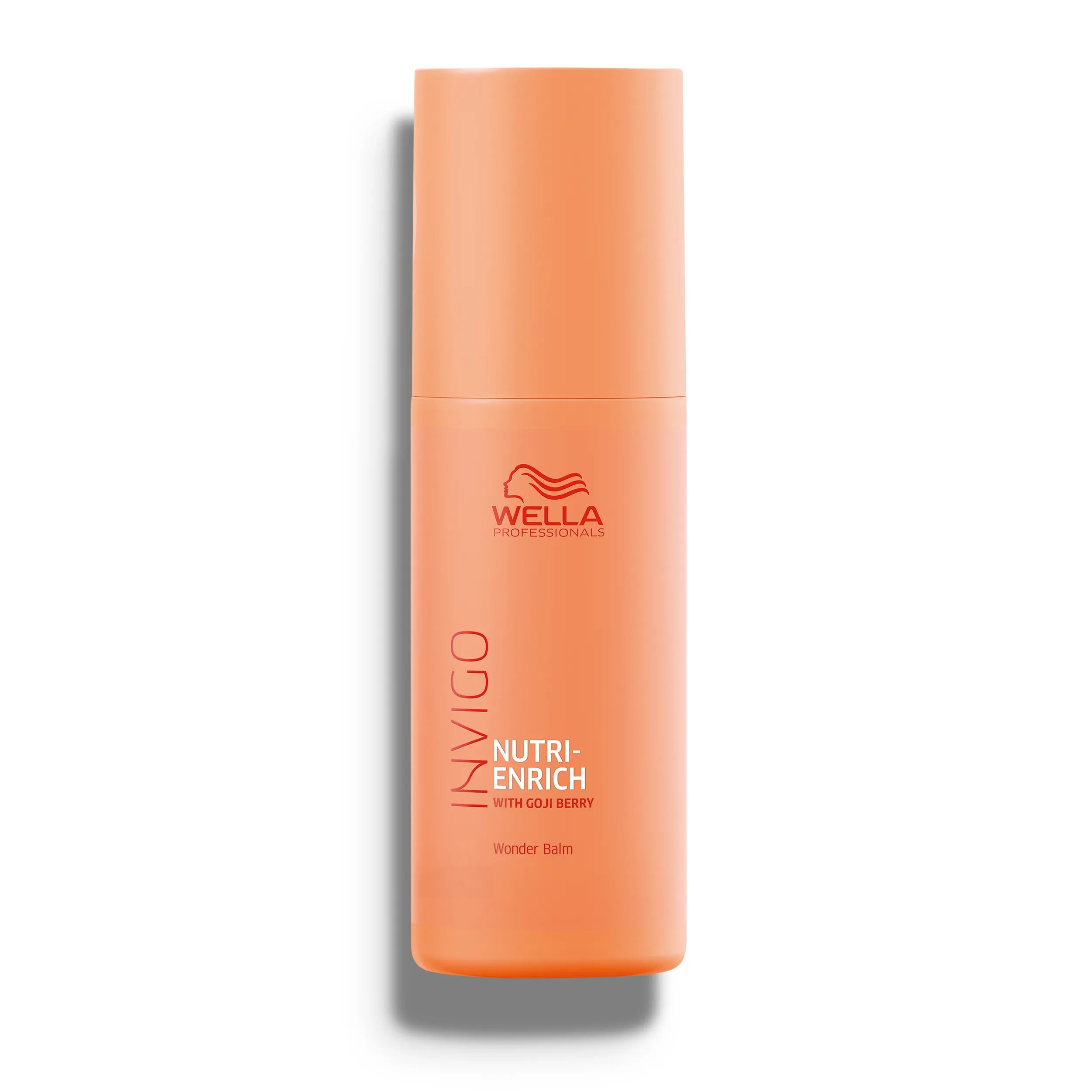 Packshot de Wella Professionals Invigo Nutri-Enrich Wonder Balm - un bote de color naranja melocotón con letras blancas y rojas y el logotipo rojo de Wella.