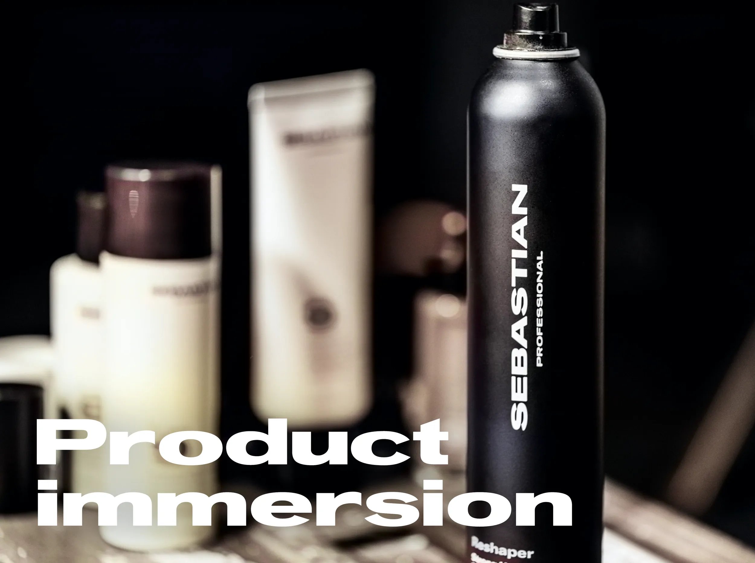 Primo piano della lacca Sebastian Re-Shaper con testo "Product Immersion"
