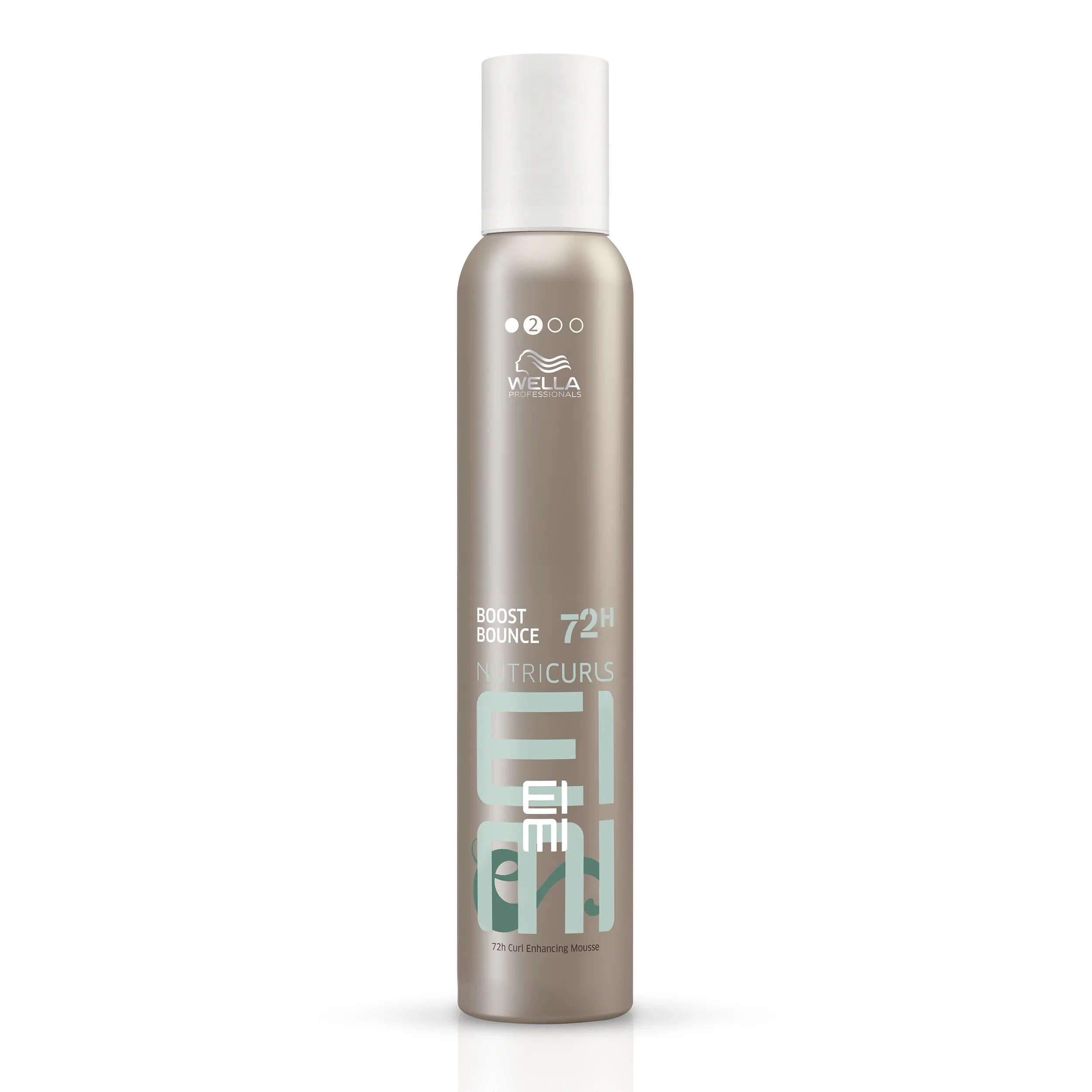 Wella EIMI Nutricurls Boost Bounce packshot - a silver bottle with a white lid and green EIMI logo.
