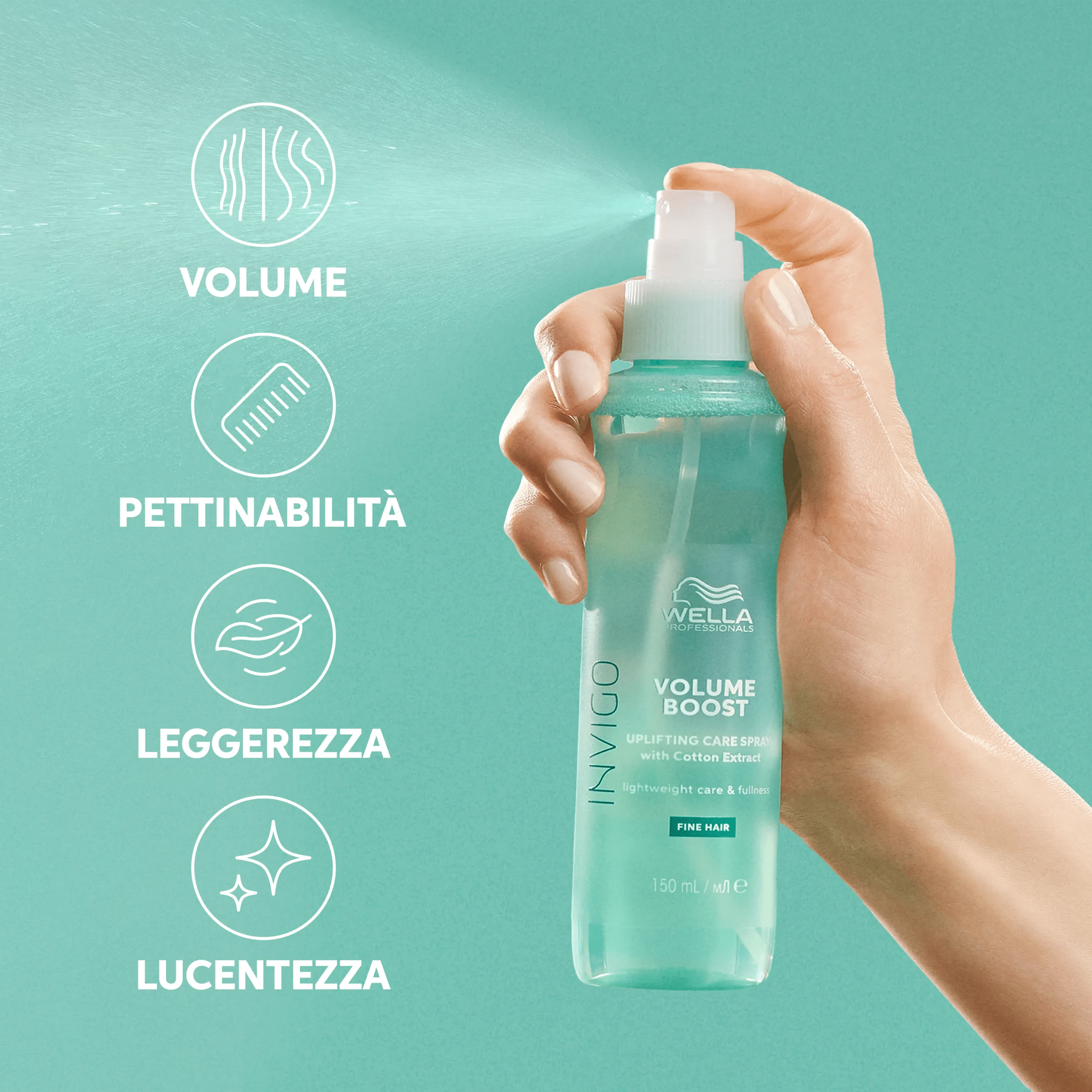 Una mano che spruzza Wella Professionals Invigo Volume Boost Care Spray, evidenziando i benefici.