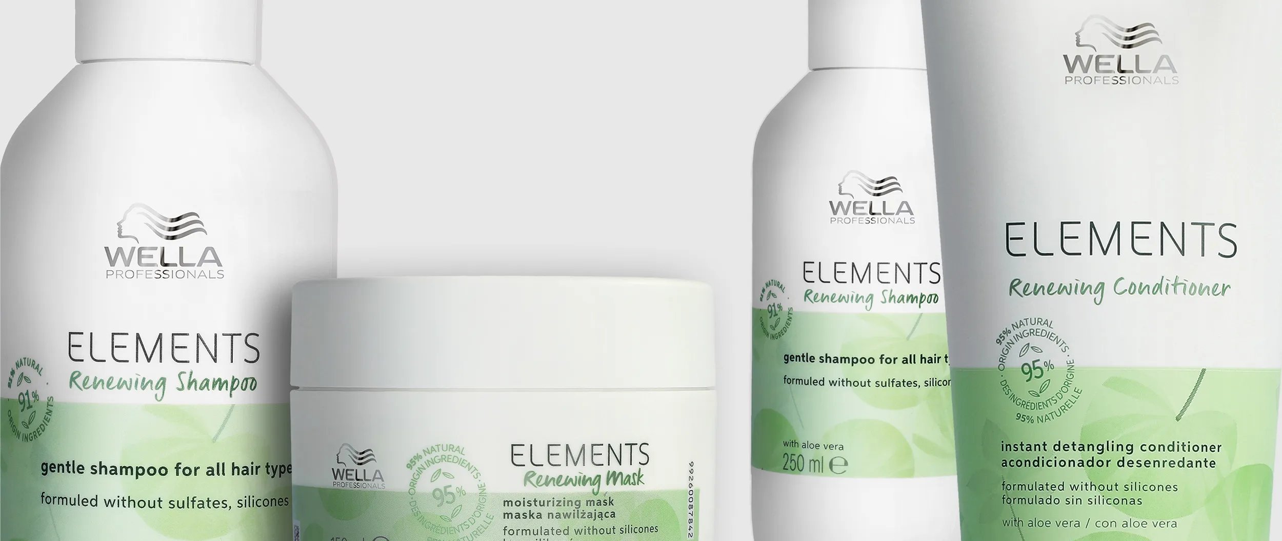 Wella Elements Renewing shampoo, conditioner, and mask product shots.