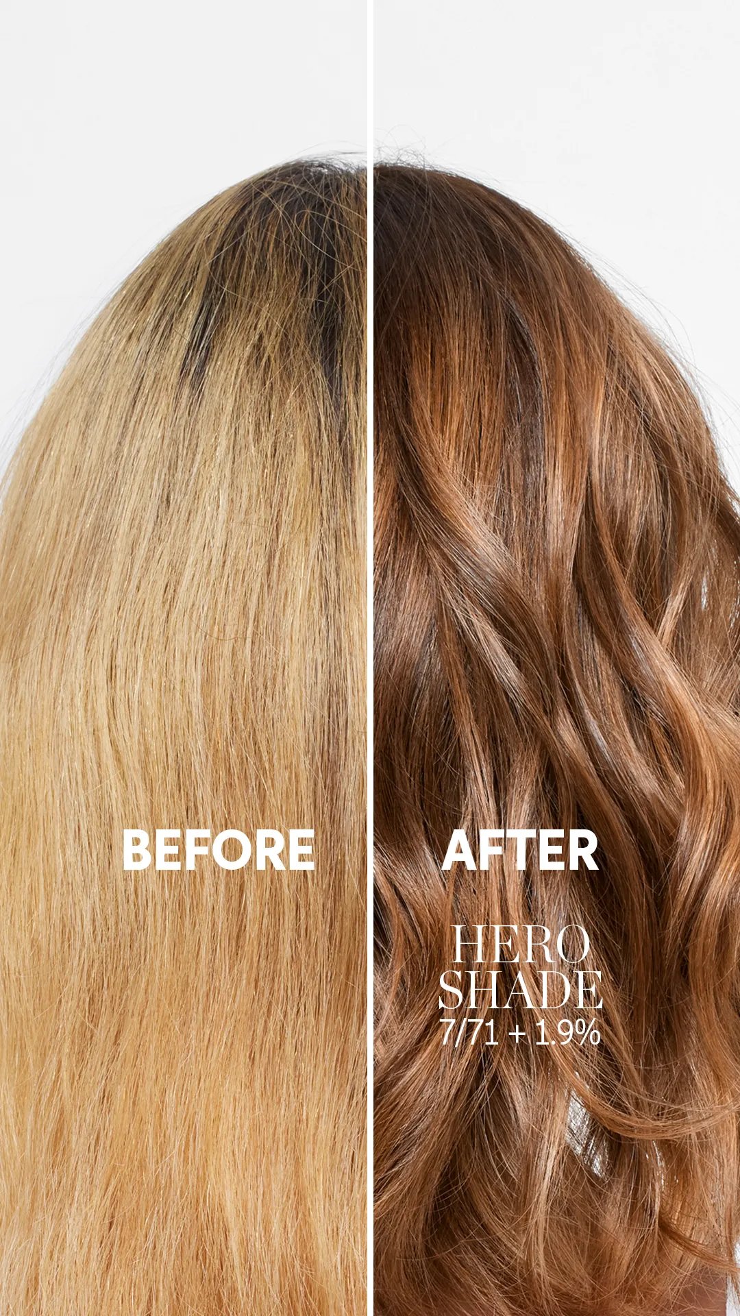 Before and after shows model’s brown hair appearing glossier and more radiant after a Color Touch session.