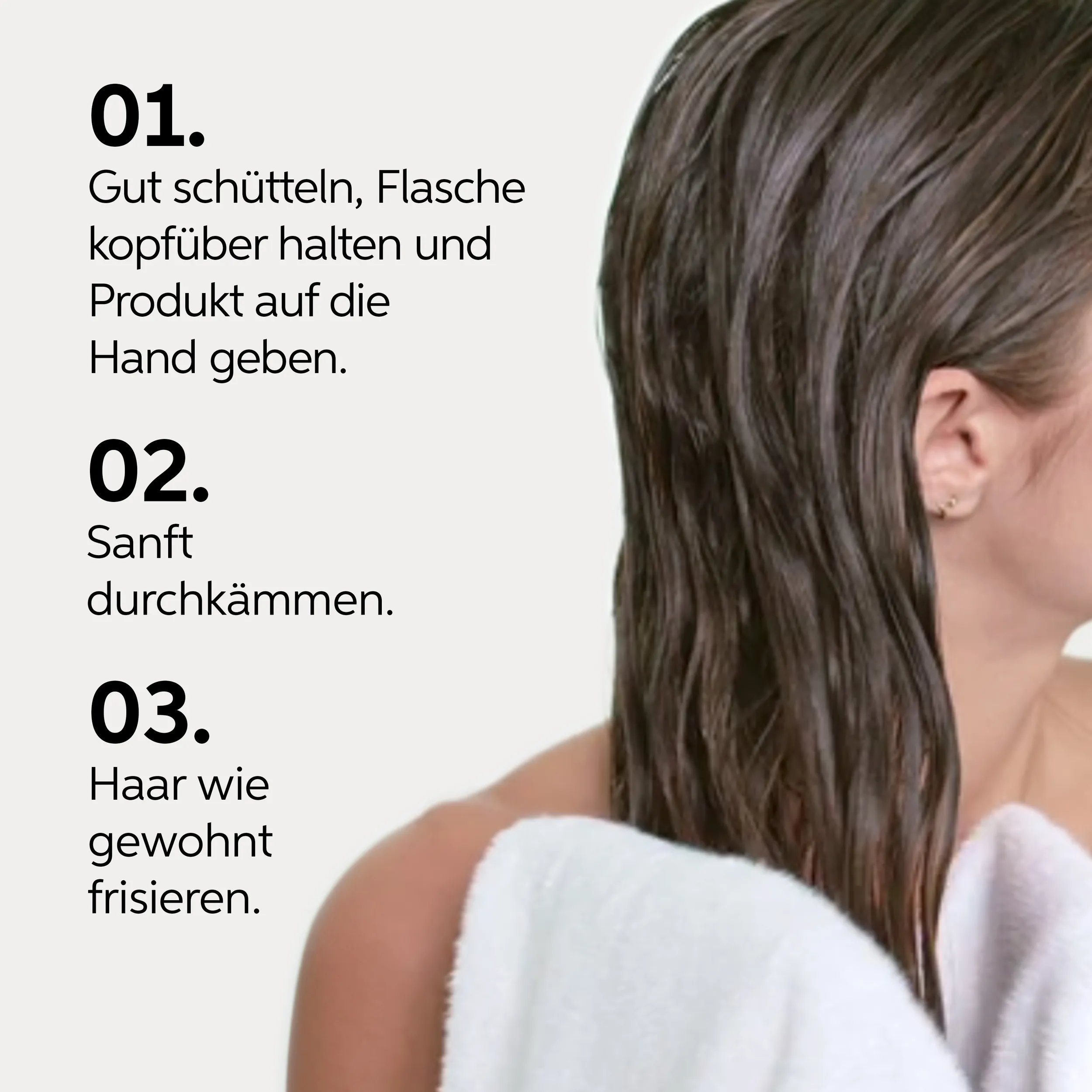 Text detailing how to use Invigo Brilliance leave-in spray in 3 steps: text says '01, spray on mid-lengths and ends of damp hair. Do not rinse. 02, gently comb through. 03, style as usual', next to a photograph of a model towel-drying damp brunette hair.