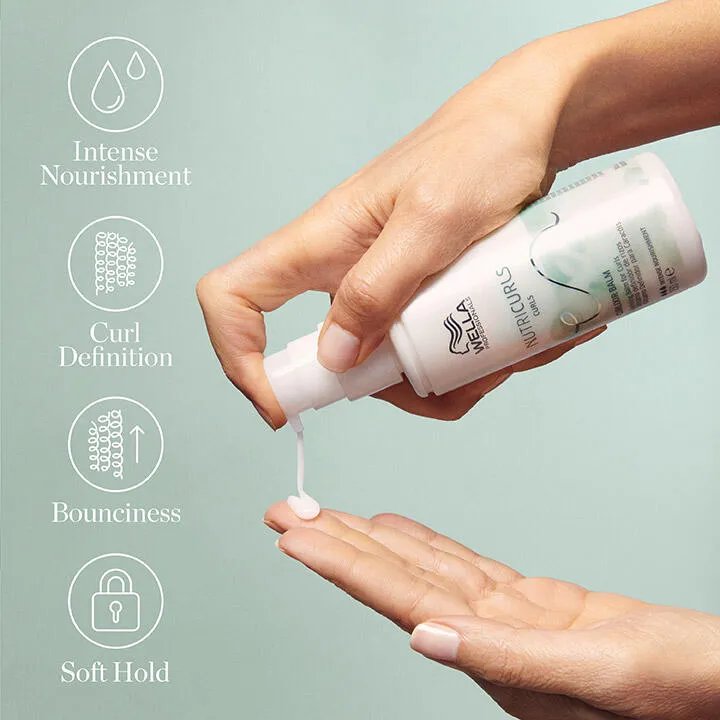 A person dispensing Wella NutriCurls Curlixir Balm into their hand, with icons indicating Intense Nourishment, Curl Definition, Bounciness, and Soft Hold.