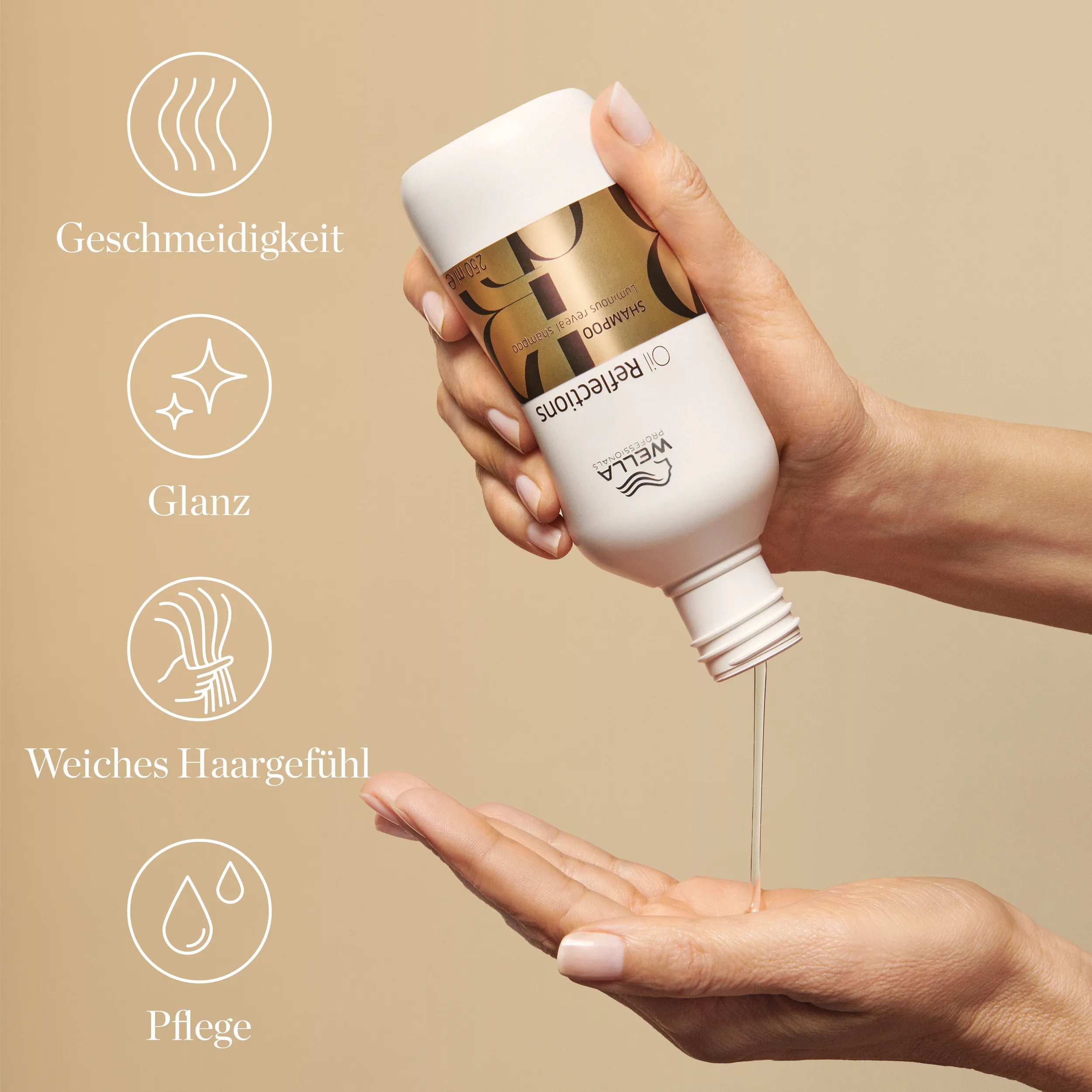 Produktfoto von Wella Professionals Oil Reflections Luminos Reveal Shampoo. Der Text besagt: Geschmeidigkeit, Glanz, weiches Haar, Pflege.