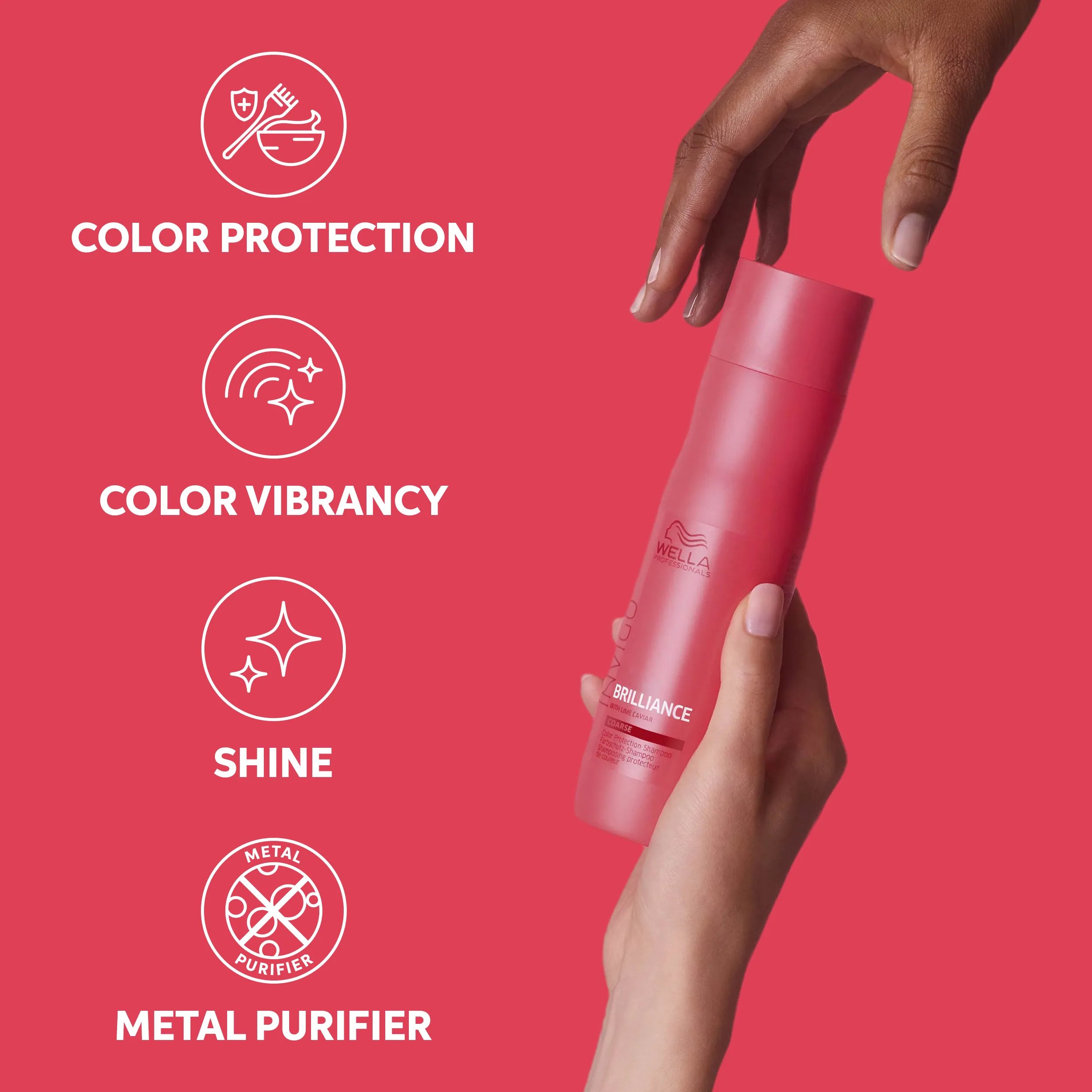 Photograph of a woman's arm passing a bottle of Invigo Brilliance Fine Hair Shampoo to another woman, beside text which says 'color protection, color vibrancy, shine & metal purifier'.