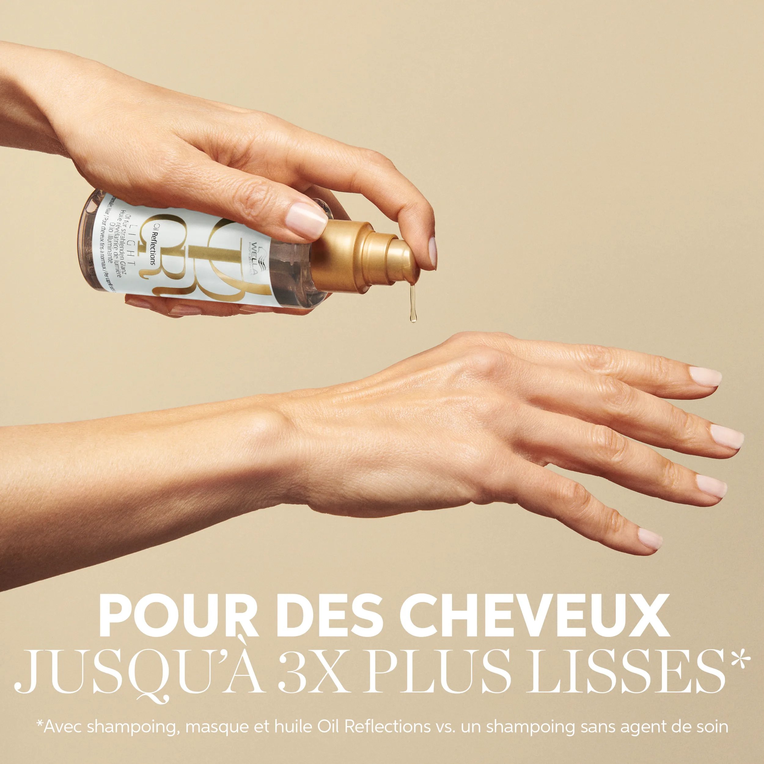 Packshot de l'Oil Reflections Light Luminos Reflective Oil de Wella Professionals. Le texte indique : légèreté, douceur, brillance, anti-frisottis.