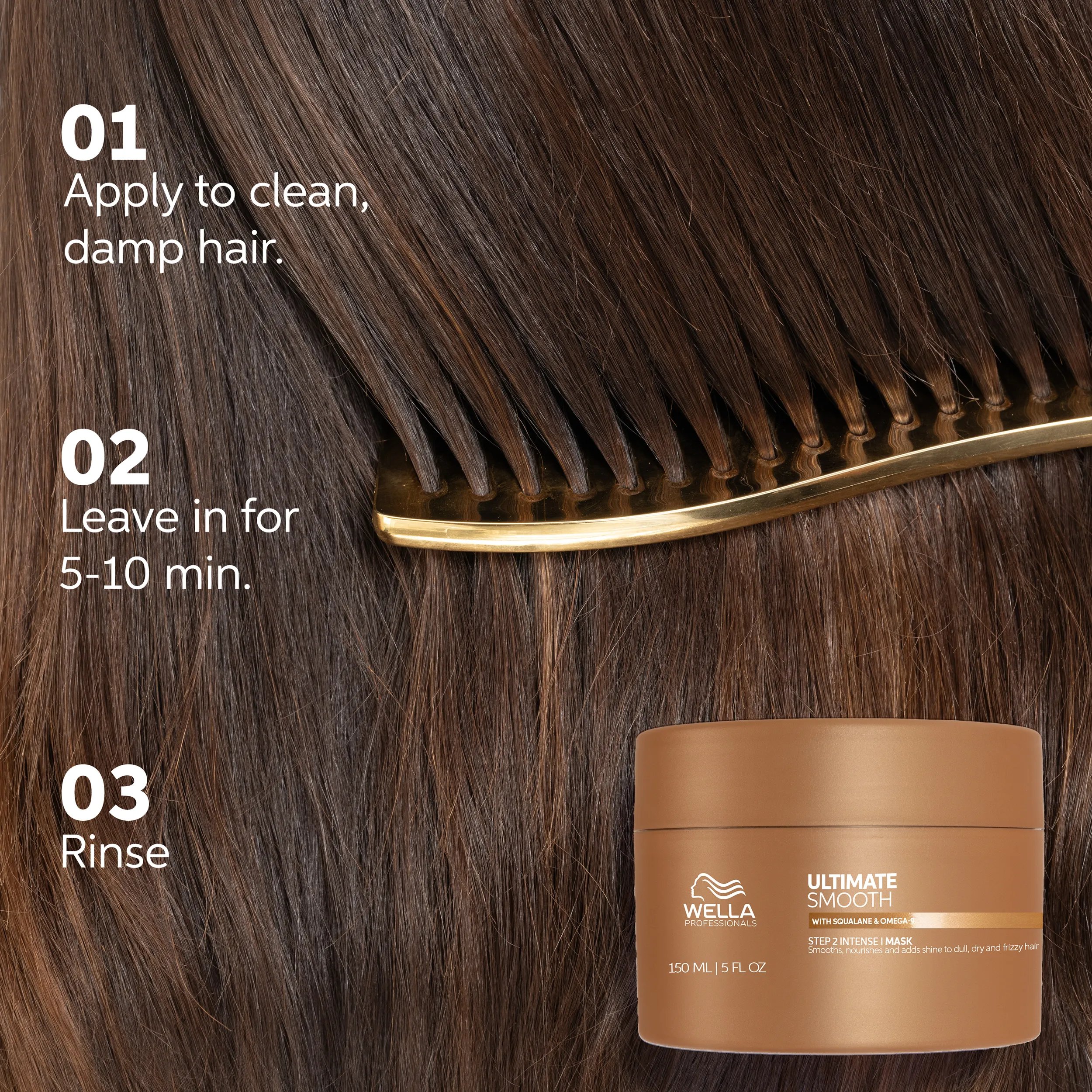 Instructions on how to use Wella Professionals Ultimate Smooth Mask. Text reads apply to clean damp hair, leave in for 5-10 min, rinse.