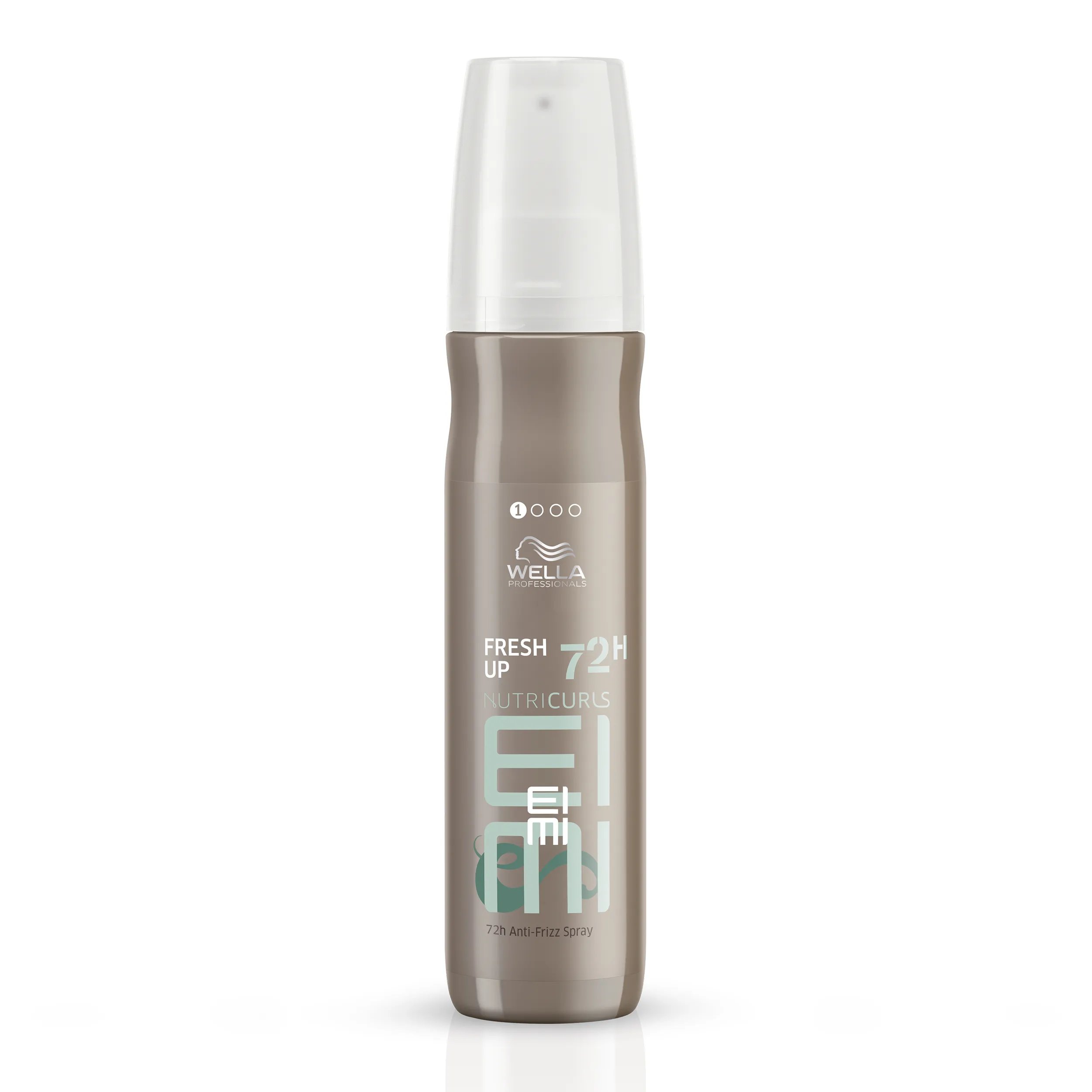 Wella EIMI Nutricurls Fresh Up packshot - a silver bottle with a white lid and green EIMI logo.