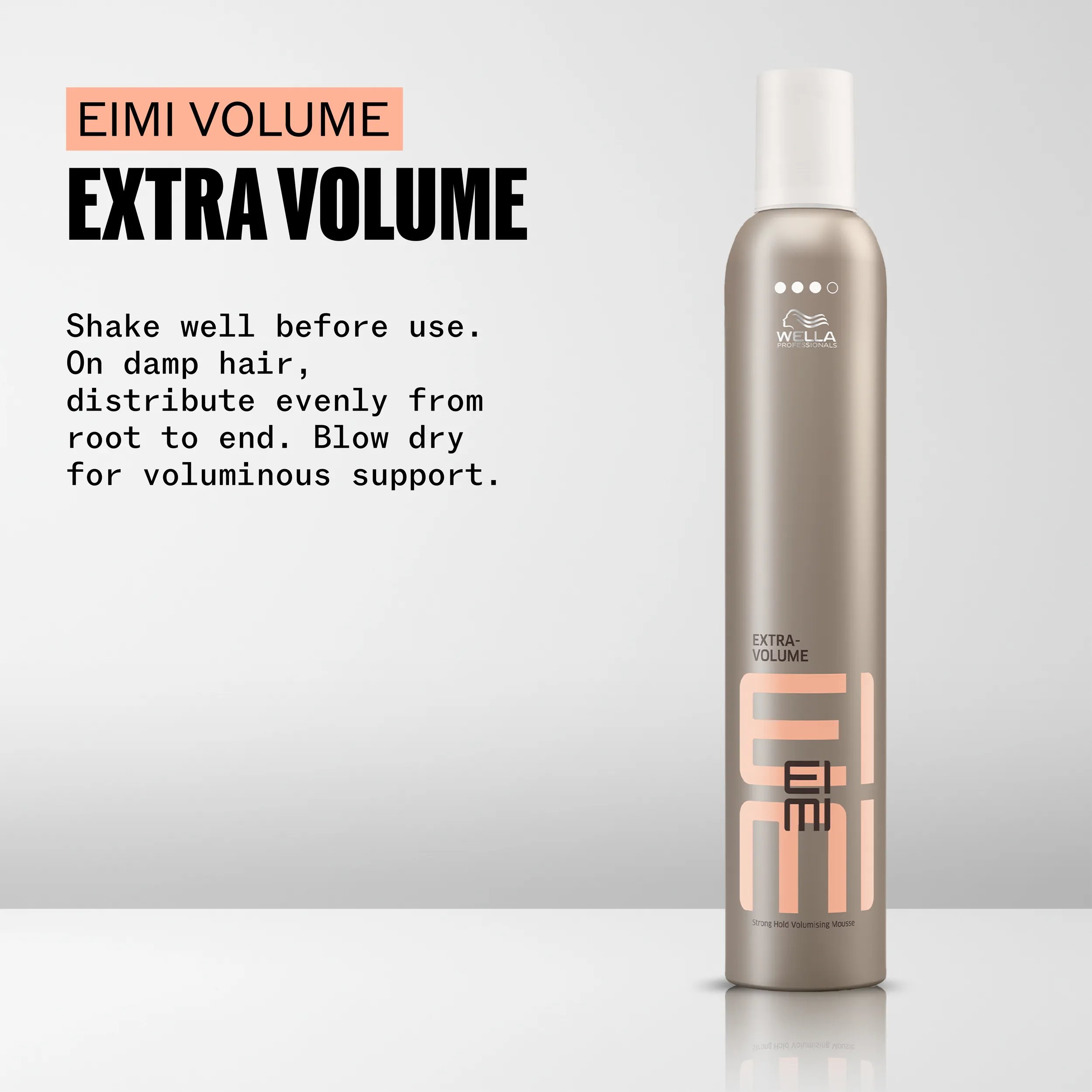 Image of a Wella EIMI Extra Volume mousse bottle with product name and instructions.
