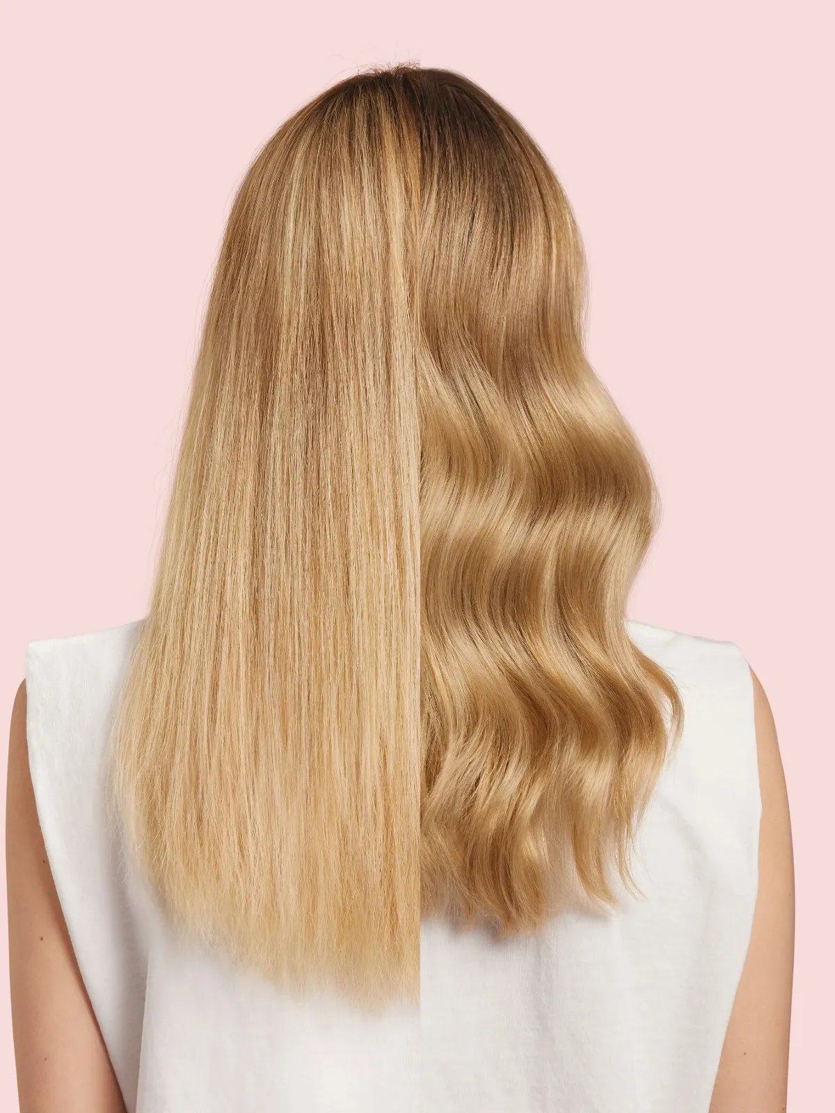 Before and after showing model’s brassy, yellow blonde hair appearing ashy and cool after a SHINEFINITY Acidic Color Glaze.