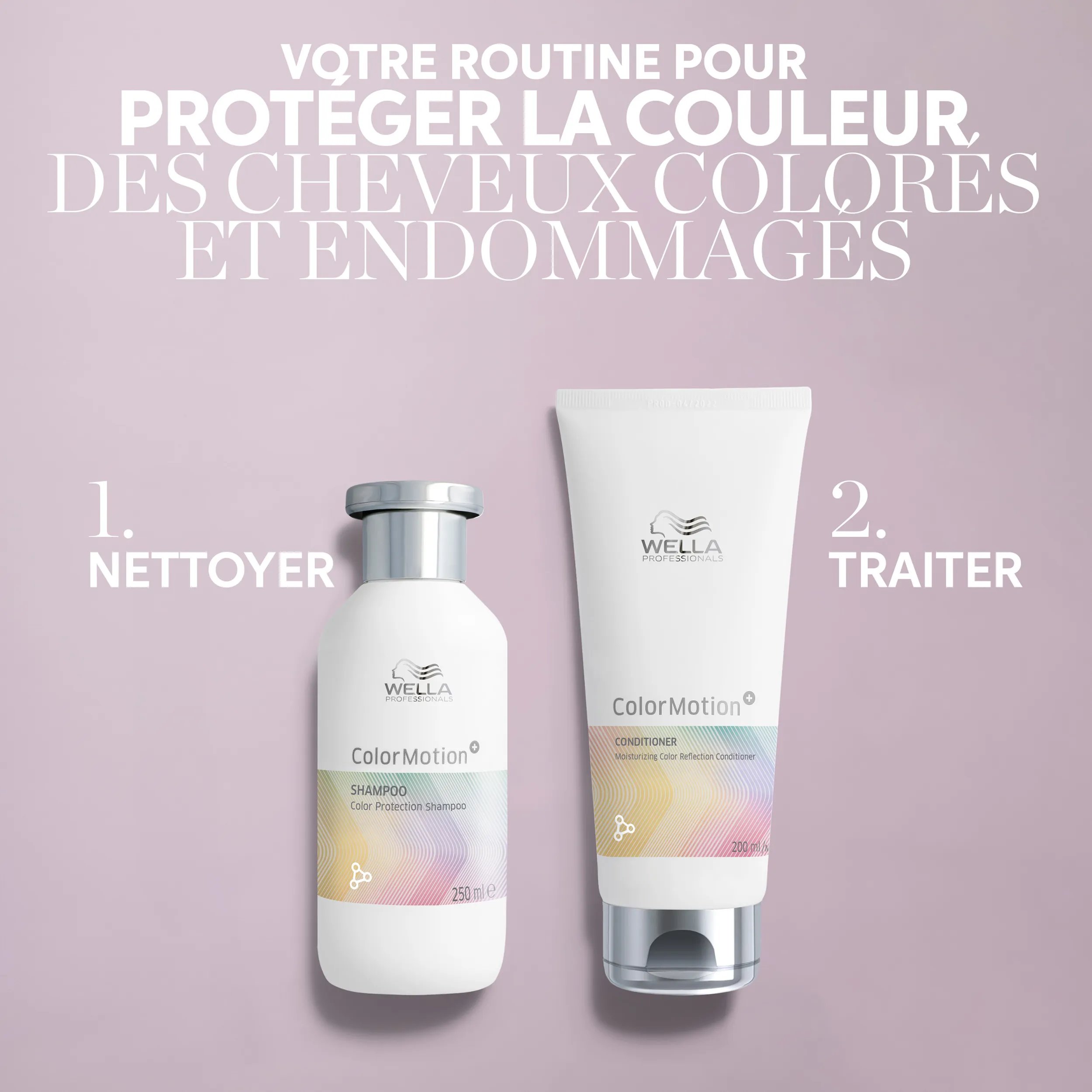 Texte indiquant "your regimen for color protection & strength, for color treated hair" (votre régime pour la protection et la force de la coloration, pour les cheveux colorés). Ci-dessous, la gamme Wella Professionals ColorMotion+ est présentée en 3 étapes : nettoyer, conditionner et traiter.