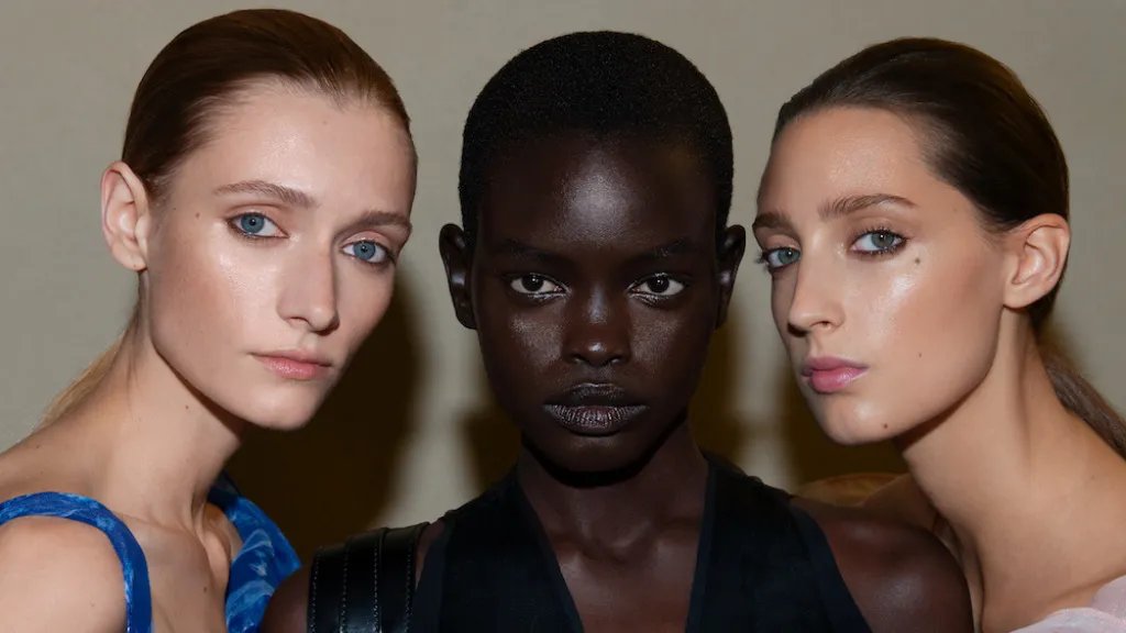 Models backstage at the Victoria Beckham SS26 Paris Fashion Week show.