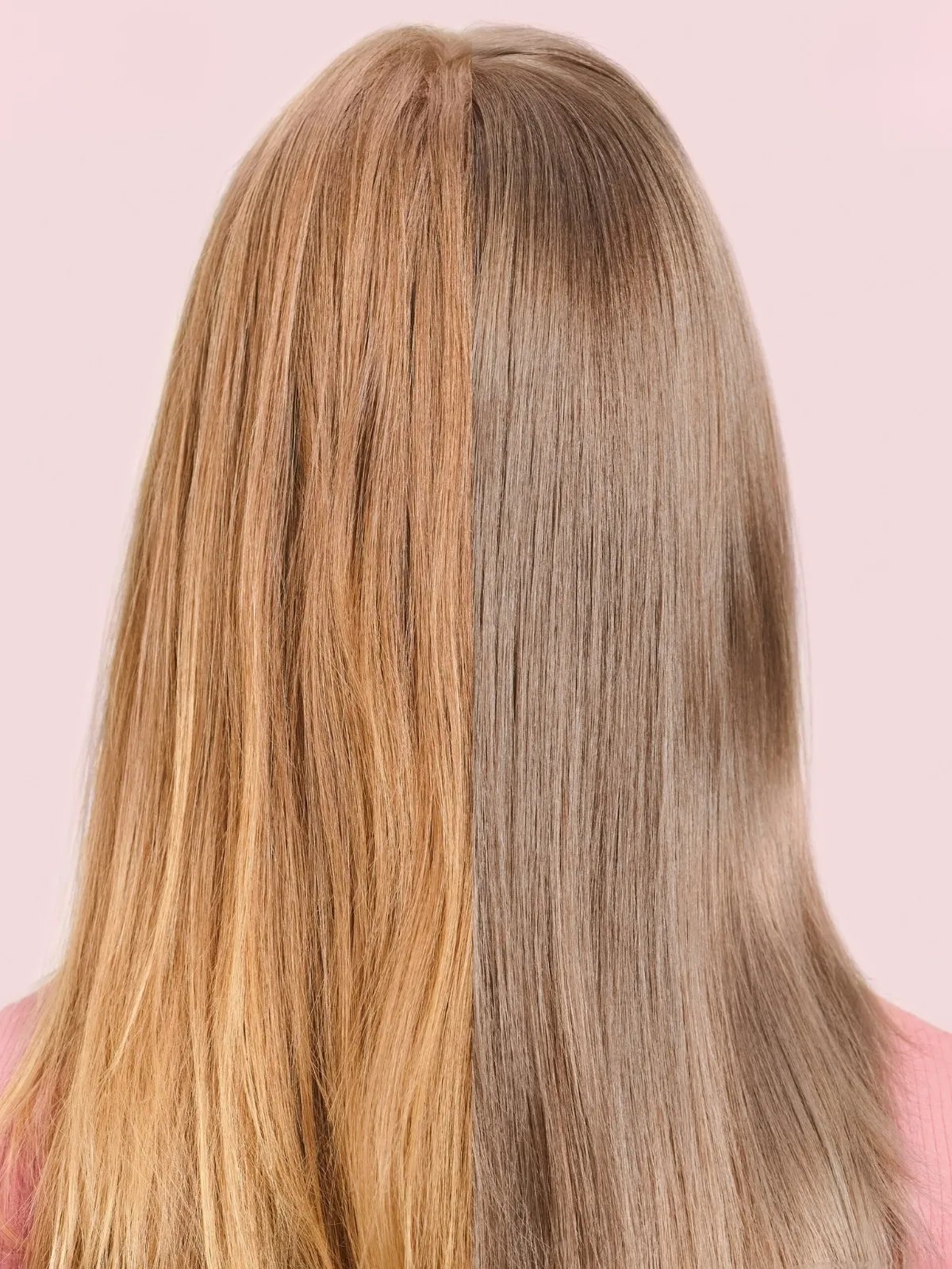 Before and after showing model’s yellow blonde hair appearing cool and bright after a SHINEFINITY Acidic Color Glaze.
