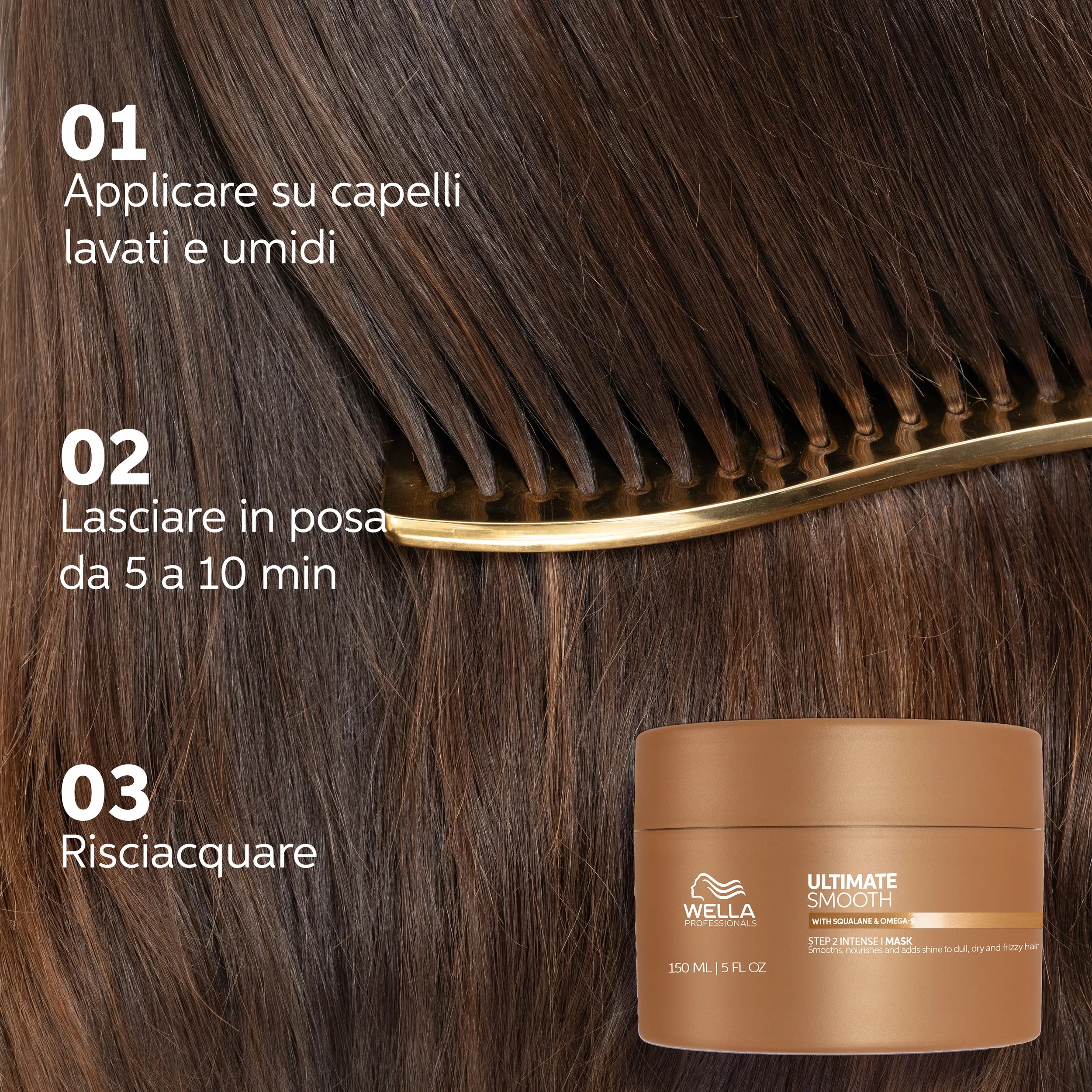 Modalità d'uso di Wella Professionals Ultimate Smooth Mask. Il testo dice: applicare sui capelli lavati umidi, lasciare in posa per 5-10 minuti, sciacquare.