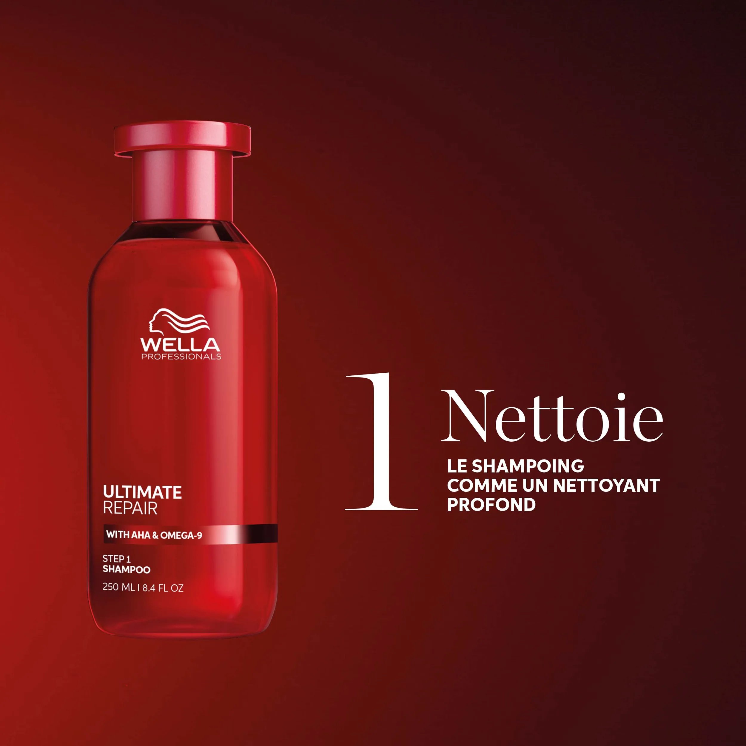 Packshot du shampooing Ultimate Repair. Le texte indique qu'il s'agit d'un produit sans danger pour les couleurs, formulé sans ingrédients d'origine animale.