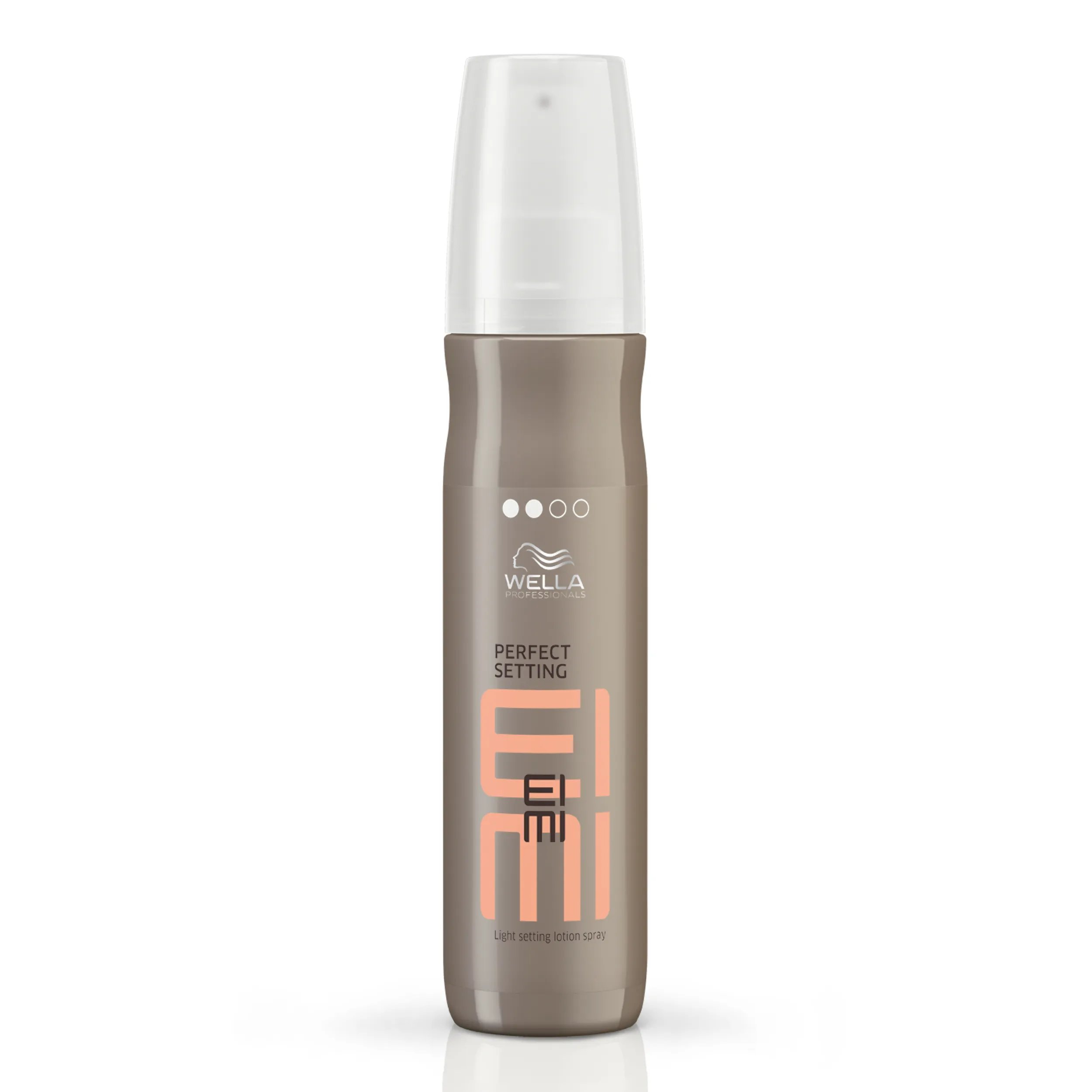 Wella EIMI Perfect Setting packshot - a bottle with a white lid and pink EIMI logo.