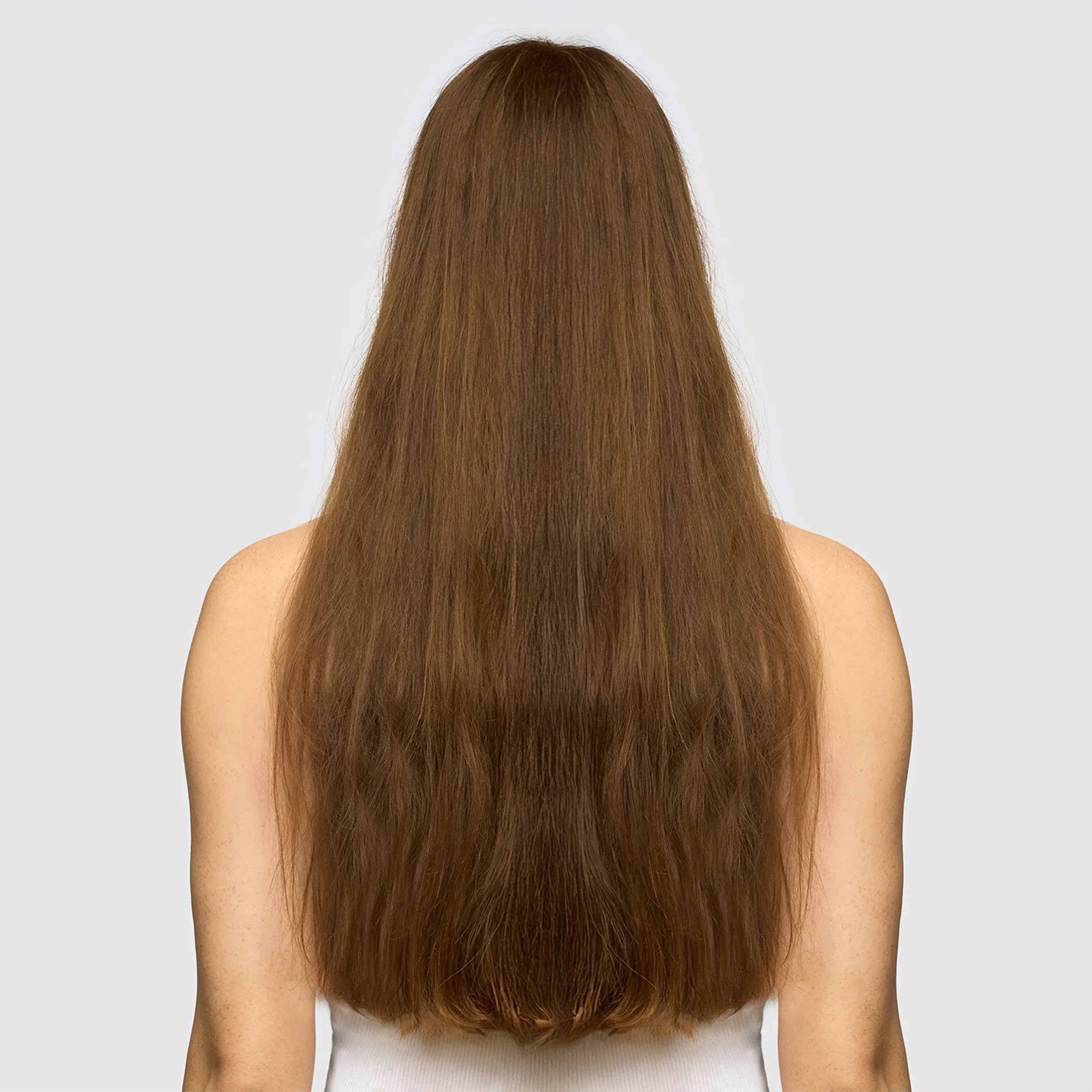 Model with long brown hair faces away from the camera. Hair looks dull and in need of care.