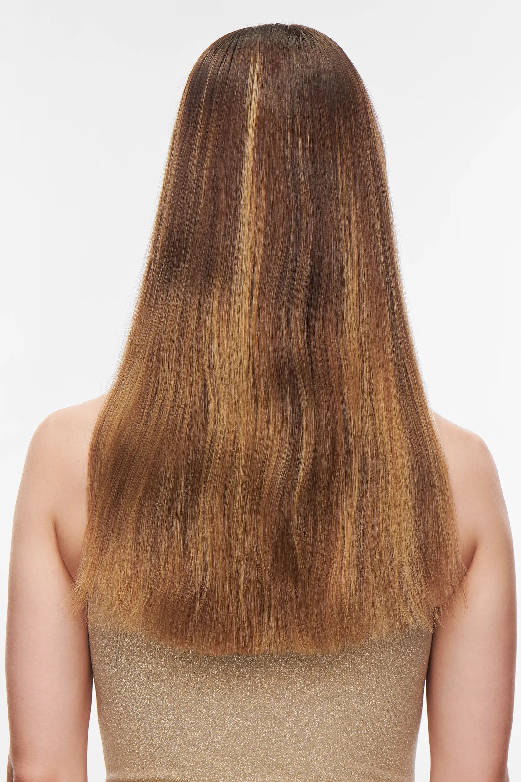 Model with back to the camera has long, brown hair that looks dull and slightly damaged.