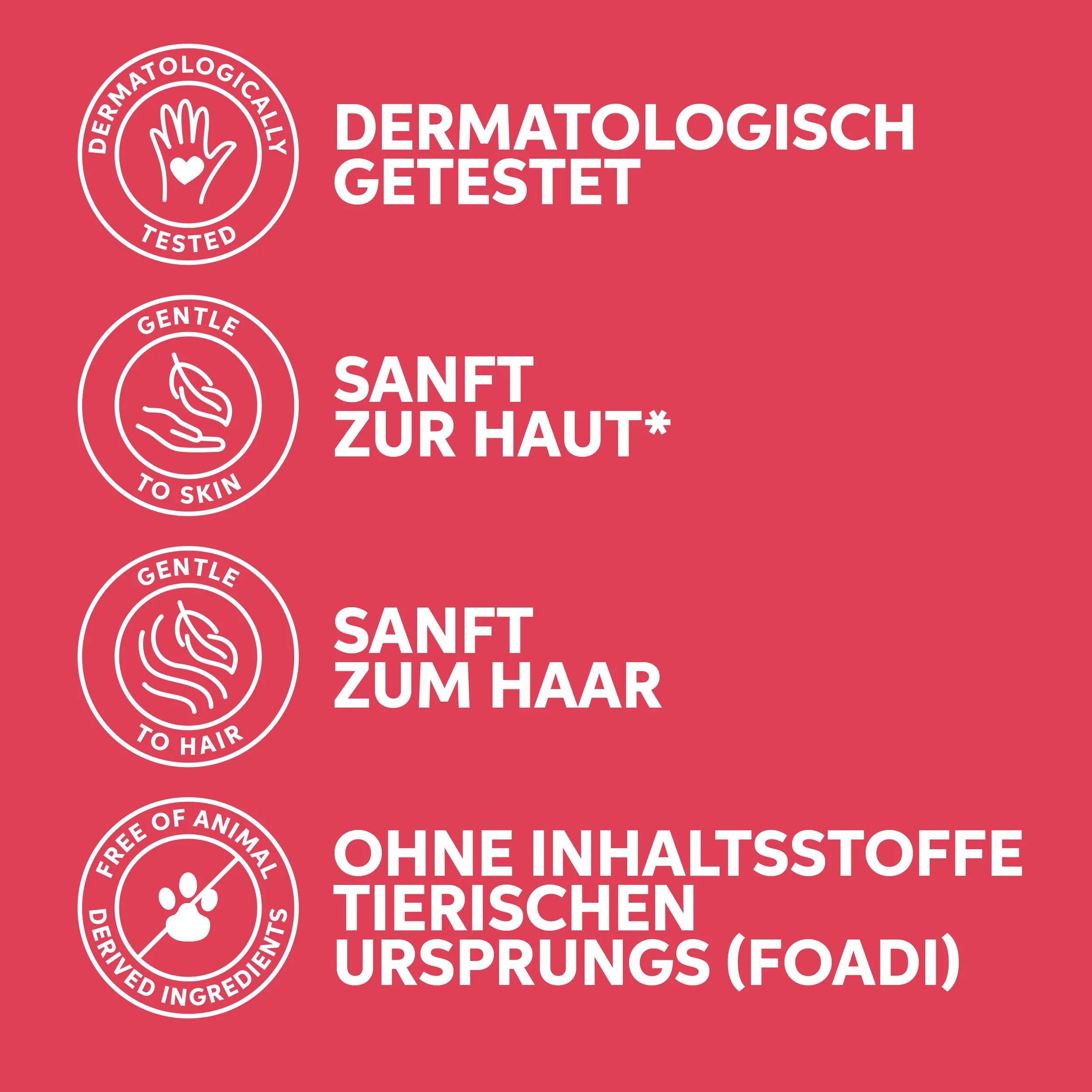 Image with red background with icons illustrating dematologically tested, gentle to skin, gentle to hair, and formulated without animal derived ingredients. 