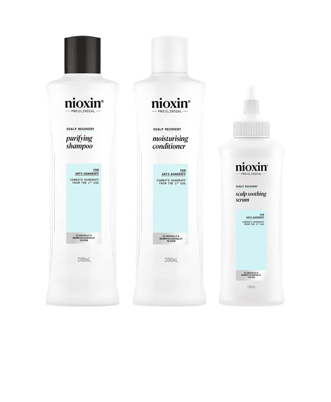 Prodotti del Kit Scalp Recovery di Nioxin allineati su sfondo bianco