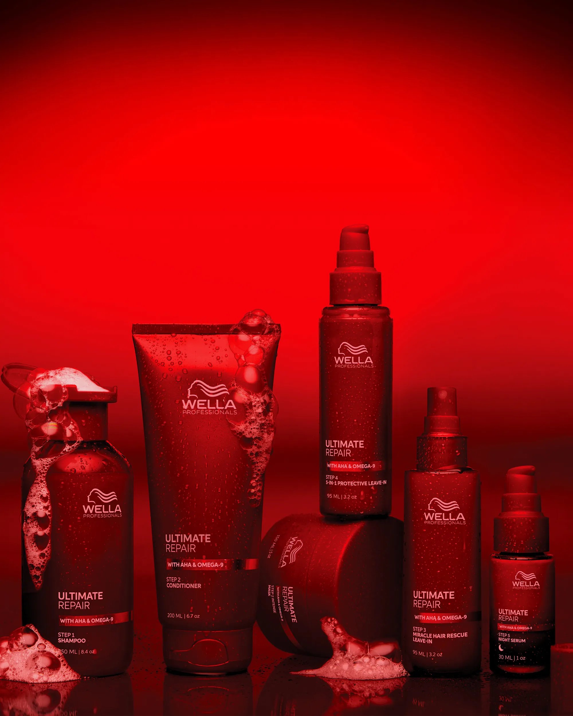 Image of Wella Ultimate Repair regimen over a red background