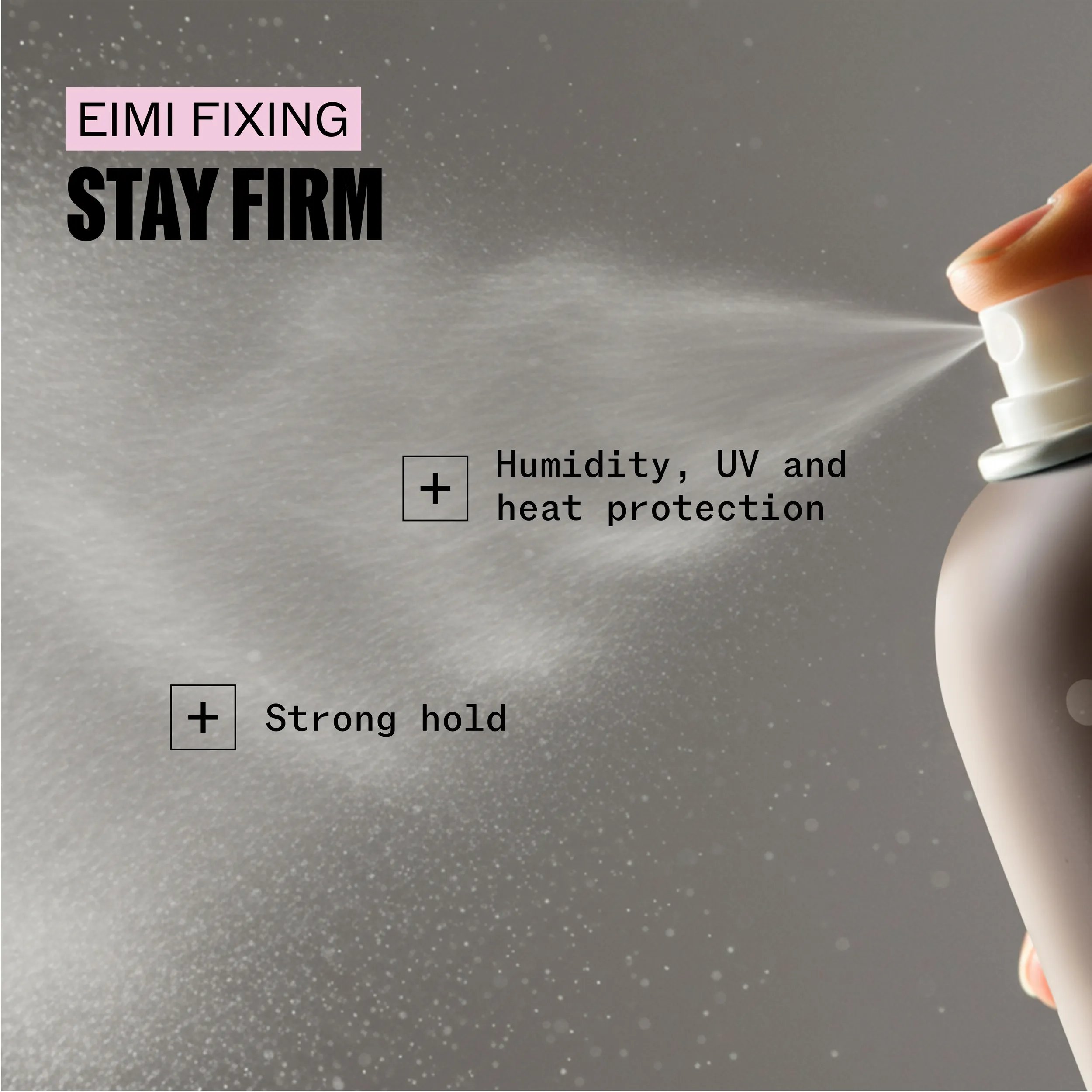  Image shows a bottle of Wella EIMI Stay Firm hairspray against a gradient gray background.