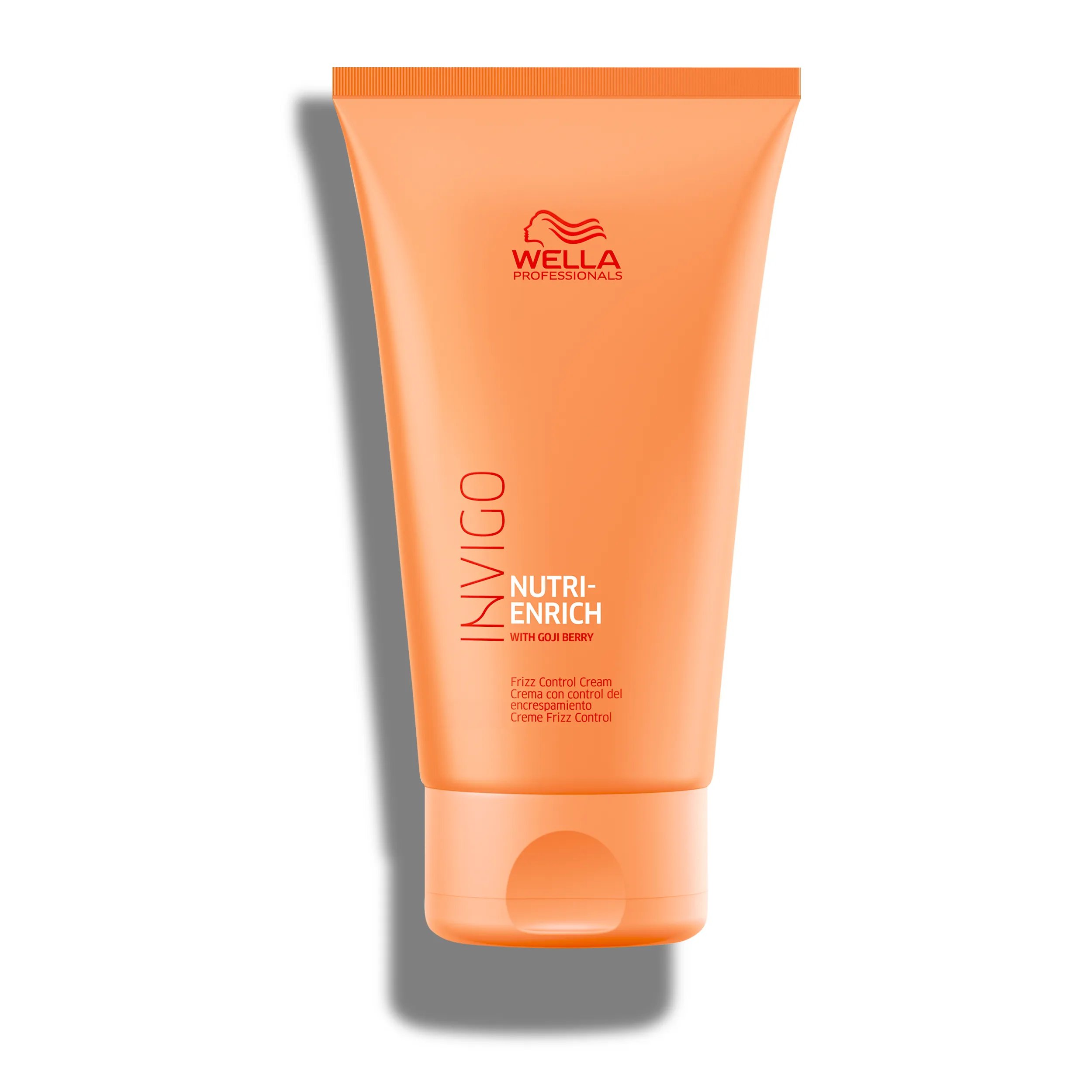 Packshot of Wella Professionals Invigo Nutri-Enrich Frizz Control Cream - a peachy orange tube with white and red font and a red Wella logo.