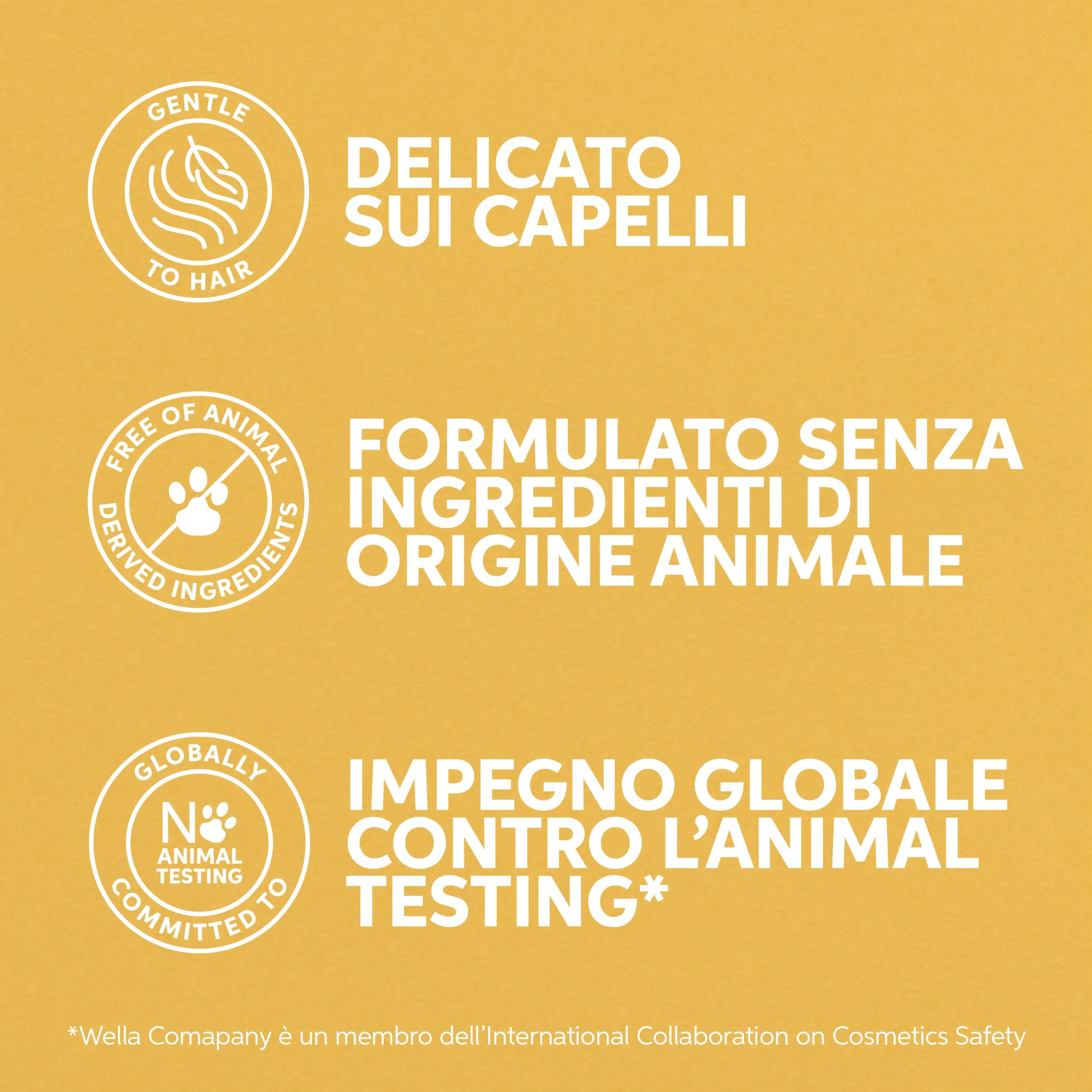 Immagine che illustra i vantaggi: delicato sui capelli, formulato senza ingredienti di origine animale, impegno globale contro la sperimentazione sugli animali. 

