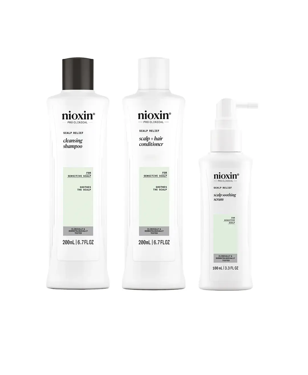 Scalp relief shampoo, conditioner and serum bottles against white background