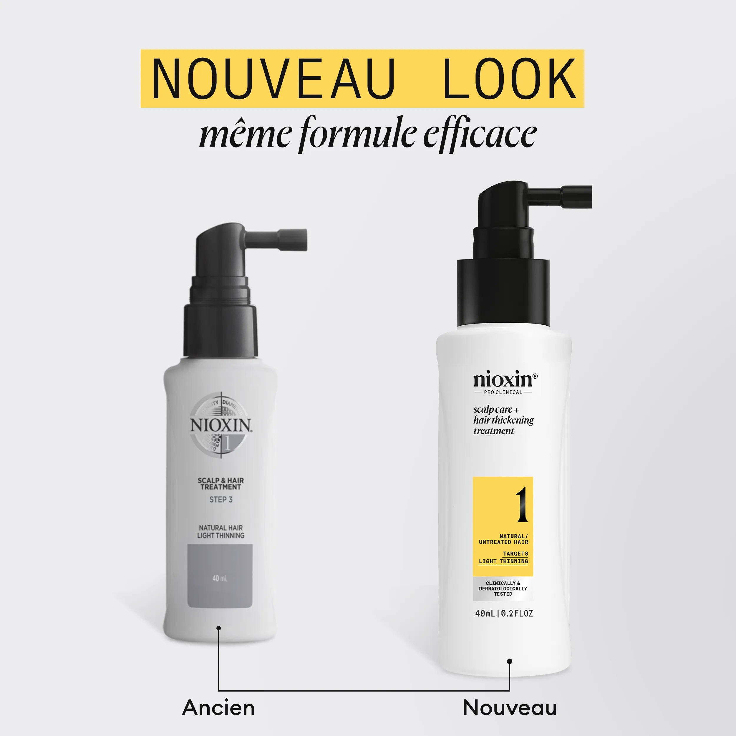 Nioxin System 1 hair and scalp thickening serum old and new bottle side by side comparison