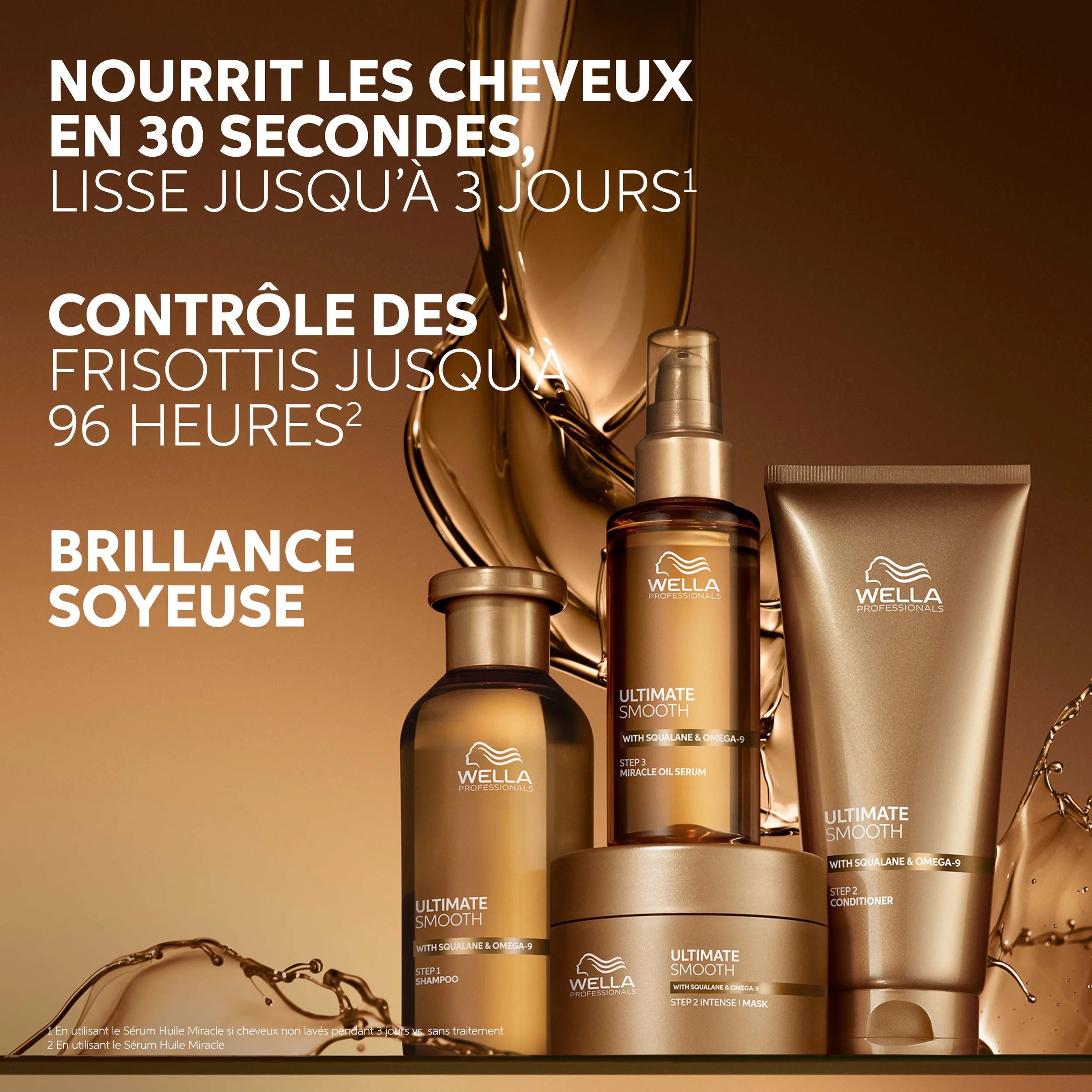 Packshot montrant tous les produits Wella Professionals Ultimate Smooth. Comprend un après-shampoing, un masque capillaire, un shampoing et un sérum. Le texte indique des cheveux jusqu'à 85 % plus lisses, un contrôle des frisottis pendant 96 heures et une brillance soyeuse.