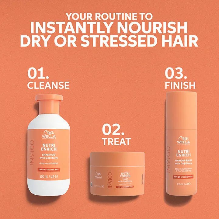 Text saying 'your regimen to instantly nourish fdry or stressed hair'. Packshots of the 3 Invigo Nutri-Enrich products are included in 3 steps: step 1 - cleanse with Invigo Nutri-Enrich shampoo. Step 2 - condition with the conditioner. Step 3 - treat with the hair mask.
