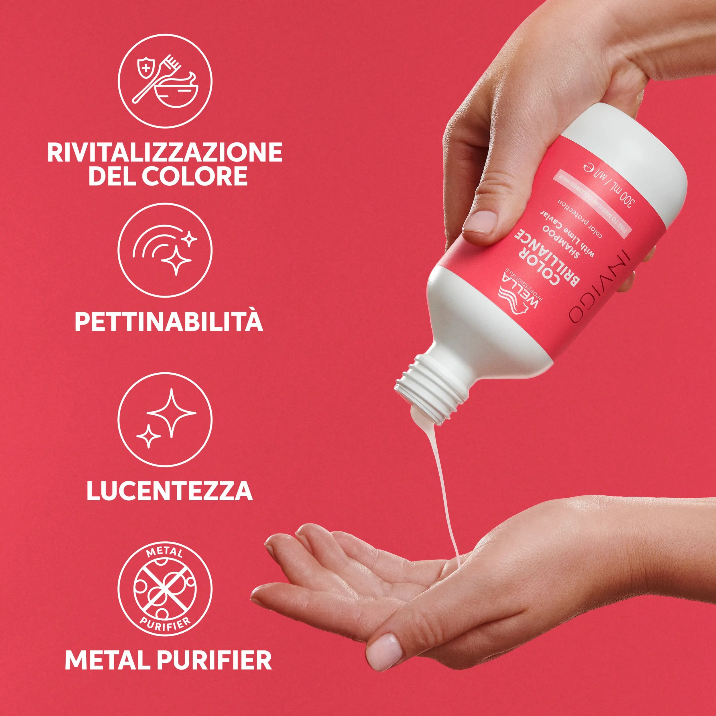 Foto del braccio di una donna che passa un flacone di  Invigo Brilliance Fine Hair Shampoo ad un'altra donna, a fianco di un testo che dice 'Protezione del colore, vivacità del colore, lucentezza e Metal purifier'.