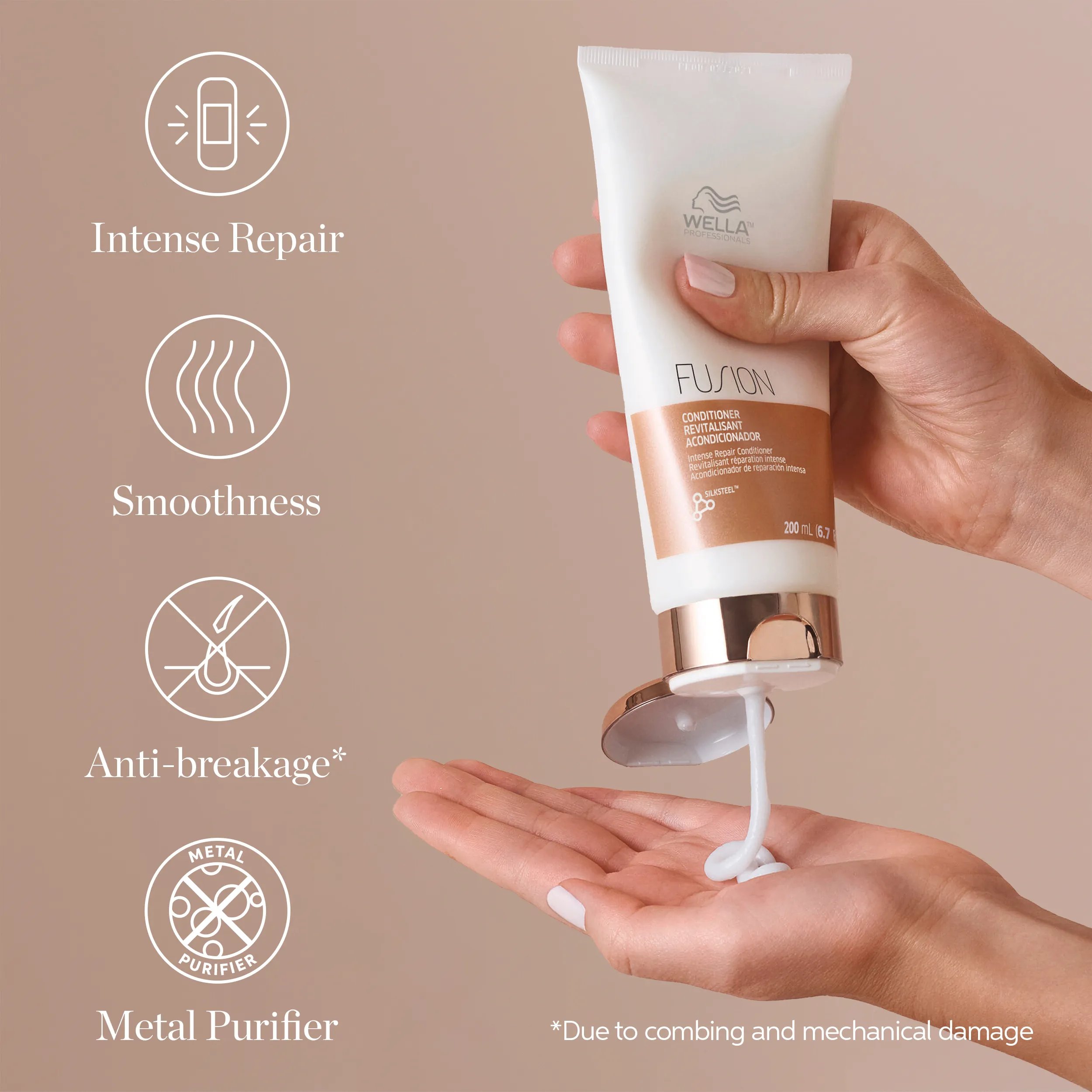 Photograph of a person holding Fusion Intense Repair Conditioner, squeezing some onto their other hand, beside text saying 'intense repair, smoothness, anti-breakage and metal purifier'.