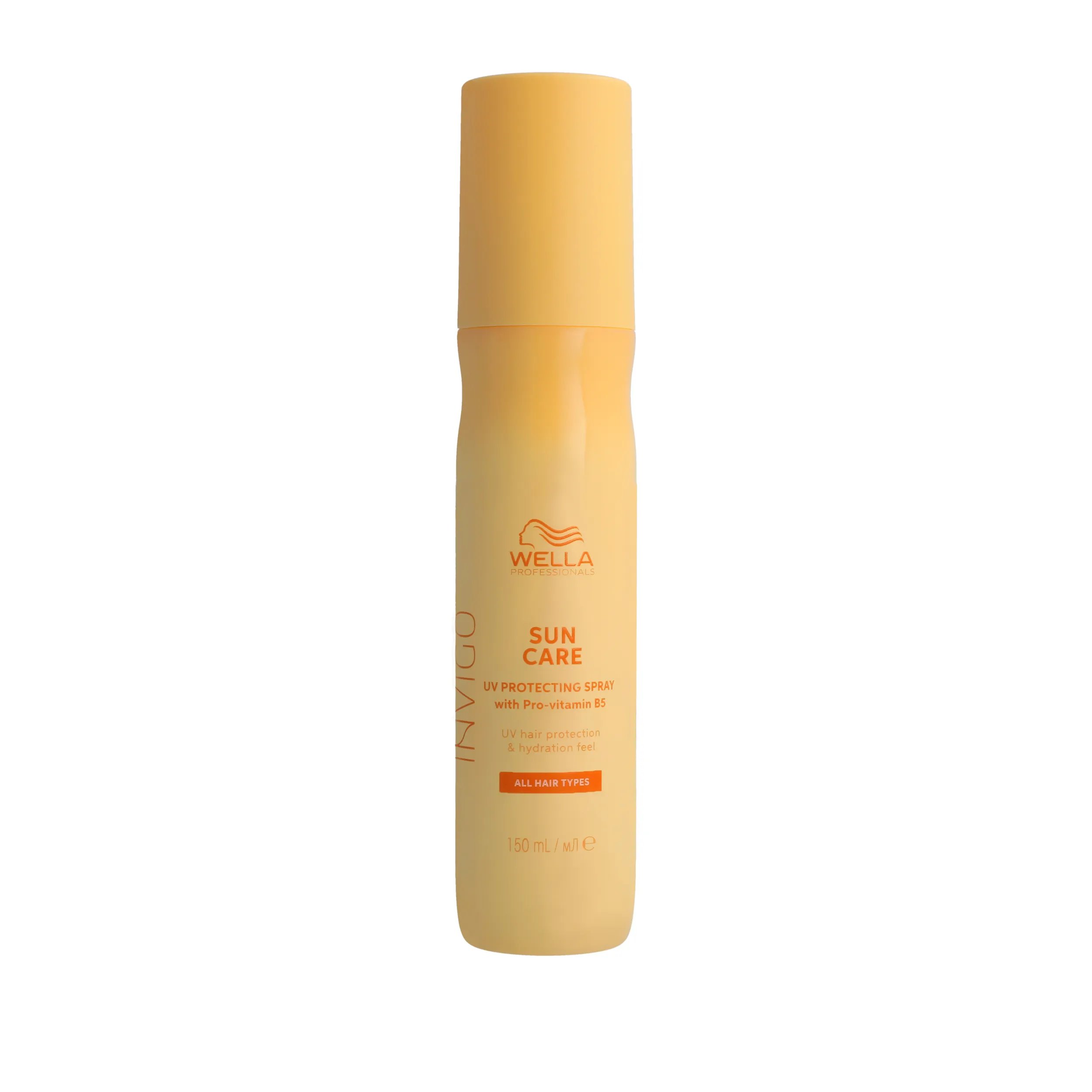 Packshot of Wella Professionals Invigo Sun Leave in a yellow bottle with red font and a  red Wella logo.