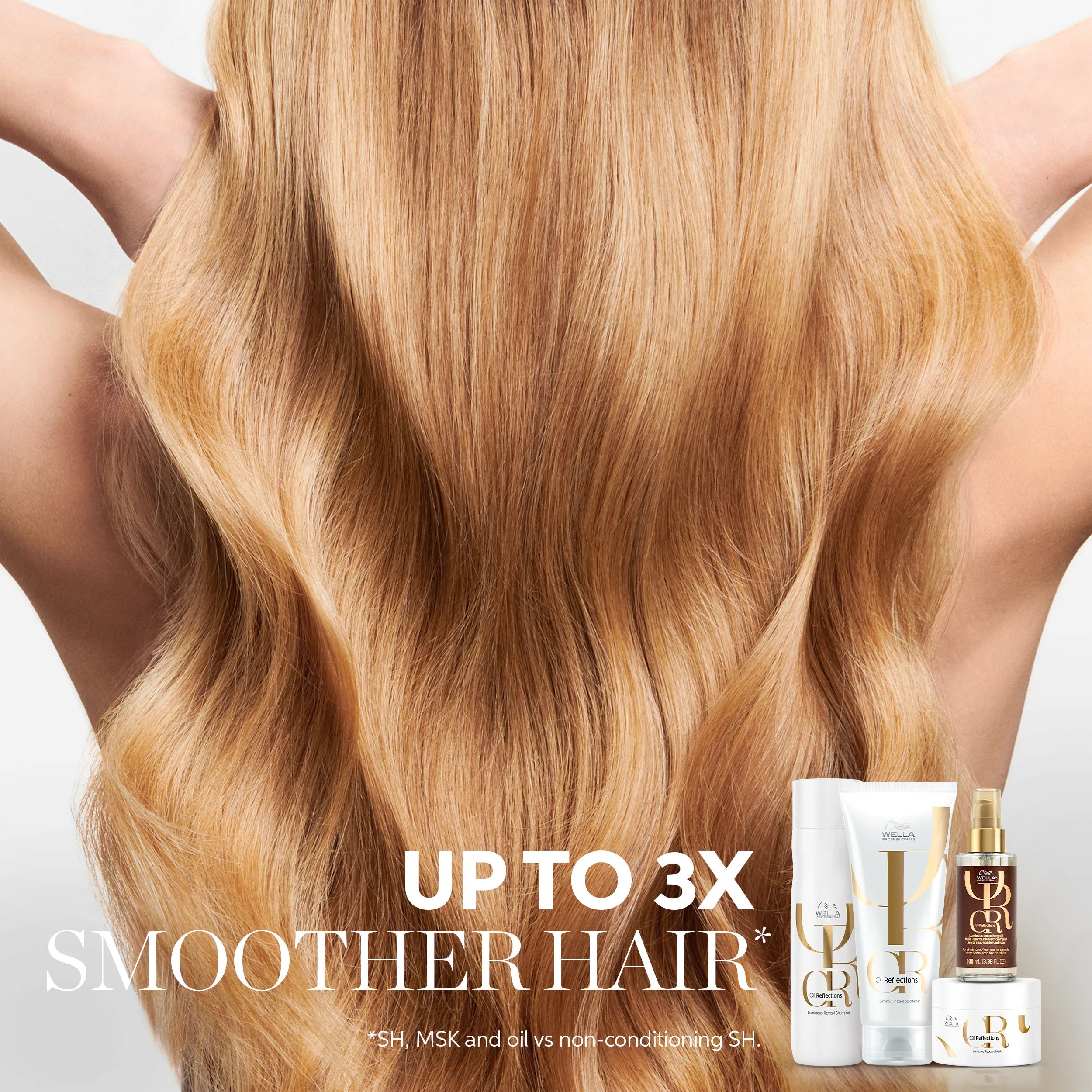 Woman with long, wavy blonde hair faces away from the camera. Hair looks healthy and shiny. Text reads up to 3x smoother hair.