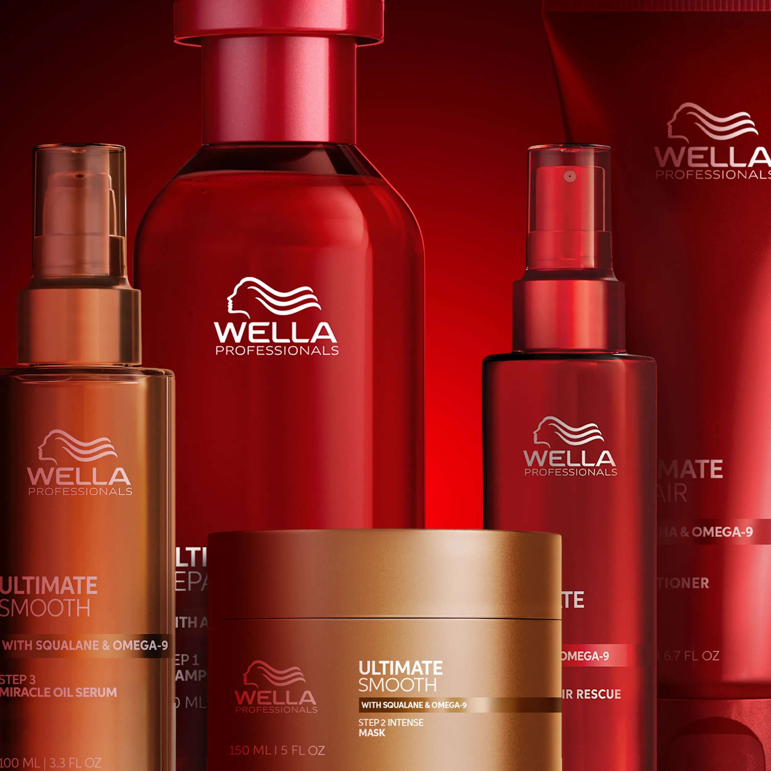 Image of Wella Ultimate Repair serum, shampoo, conditioner and Ultimate Smooth mask.