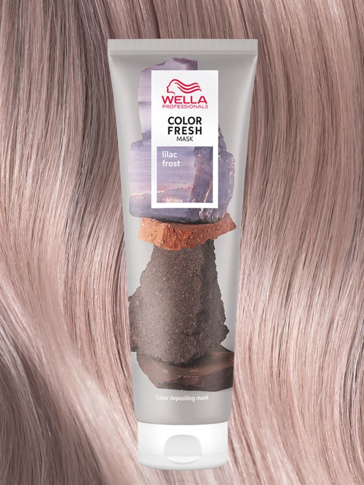 Tube of Color Fresh Mask in Lilac Frost against model’s cool, violet blonde hair.