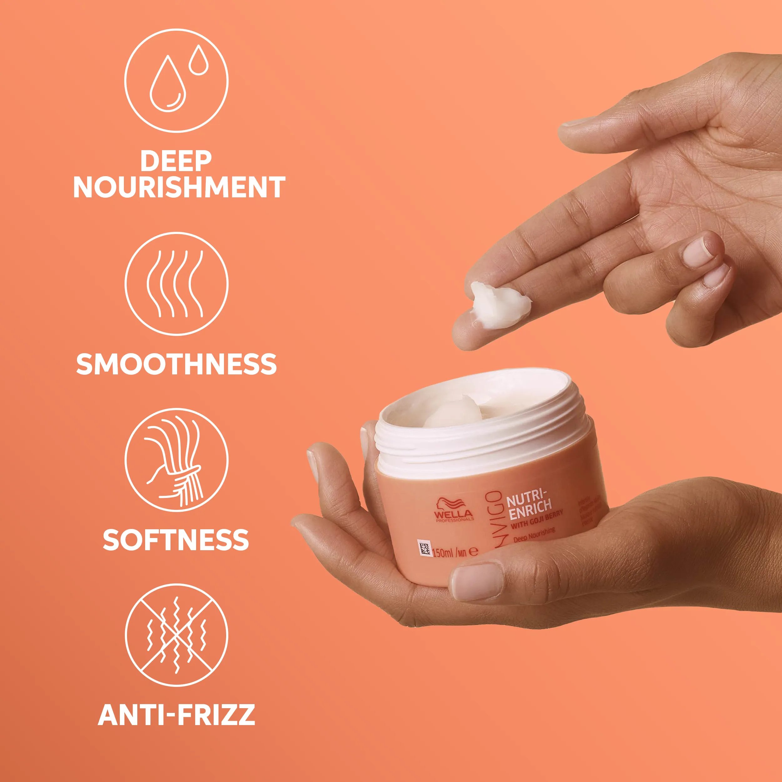 Photograph of a woman's hands holding a tub of Nutri-Enrich mask, beside text which says 'deep nourishment, smoothness, softness & anti-frizz'.